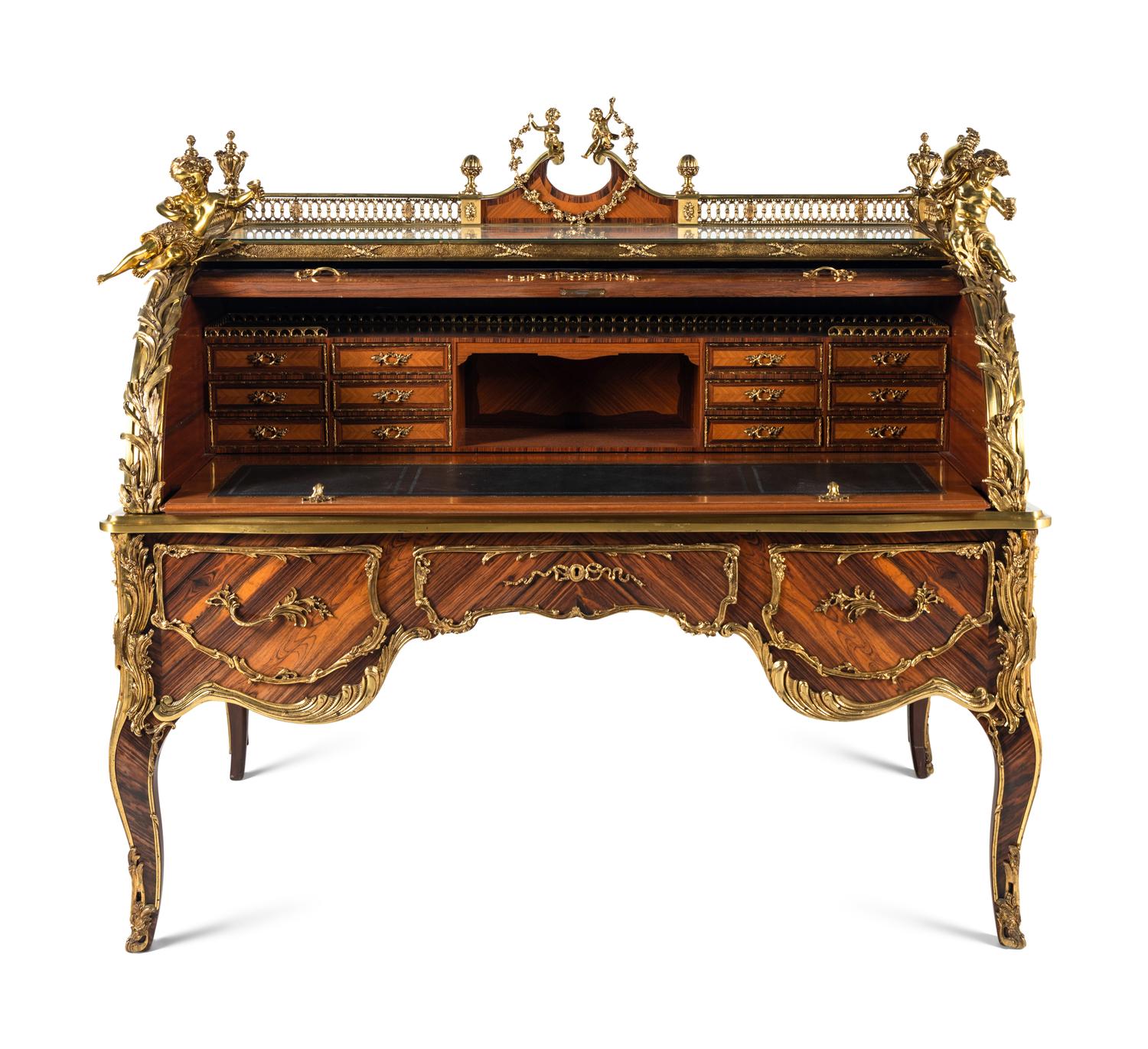 A Louis XV Style Gilt Bronze Mounted Marquetry Bureau à Cylindre