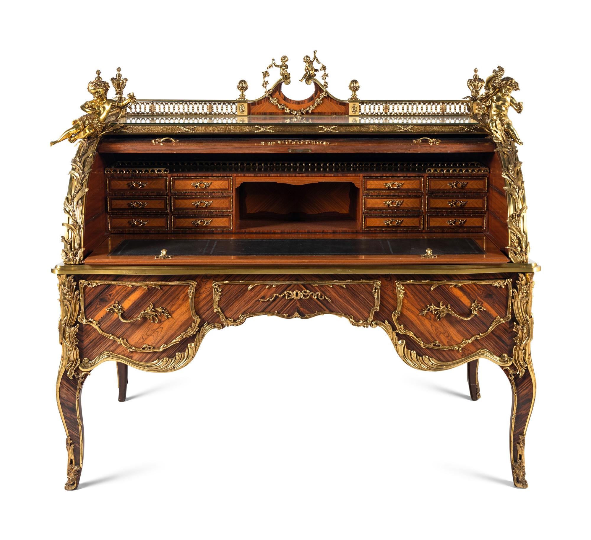 A Louis XV Style Gilt Bronze Mounted Marquetry Bureau à Cylindre
