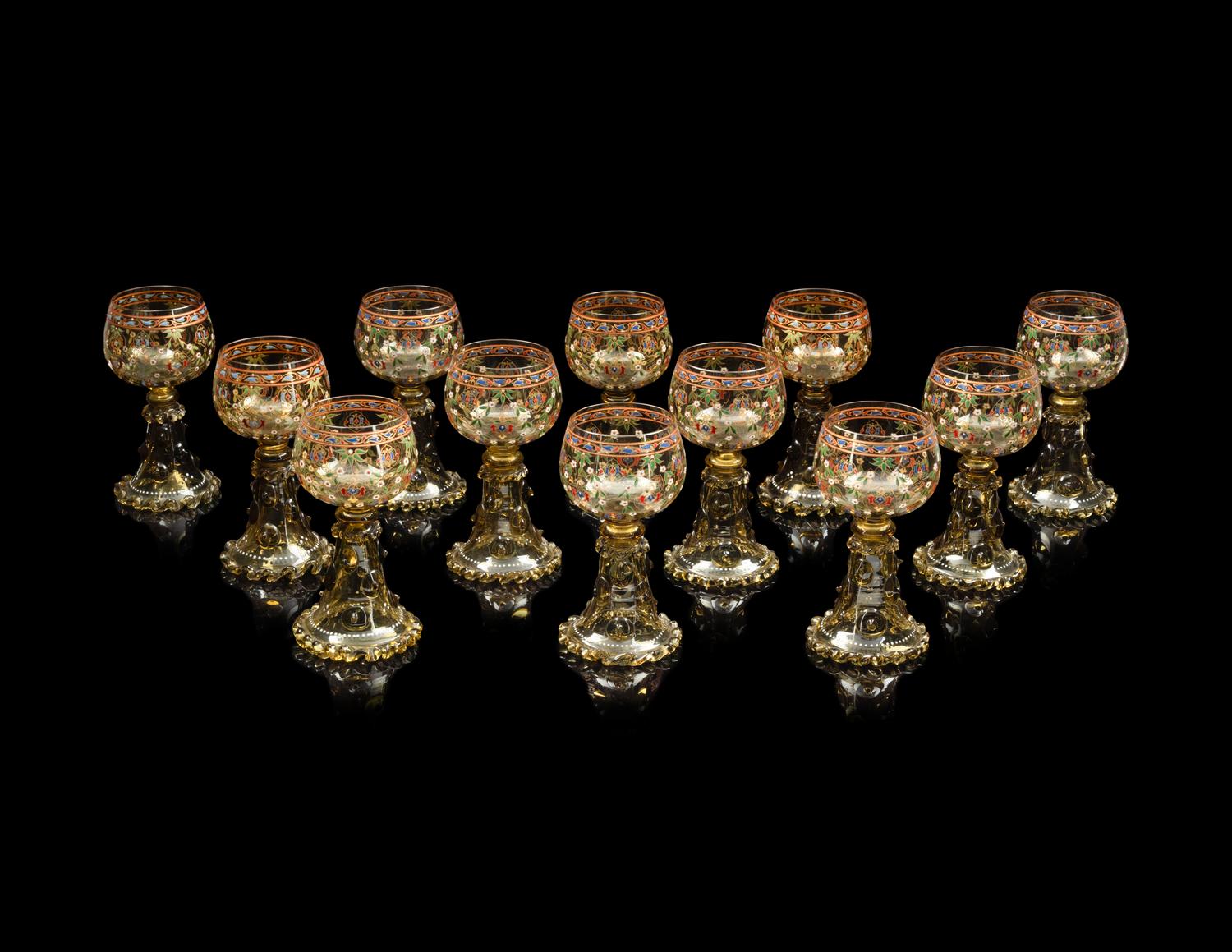 A Set of Twelve Continental Enameled Glass Roemers