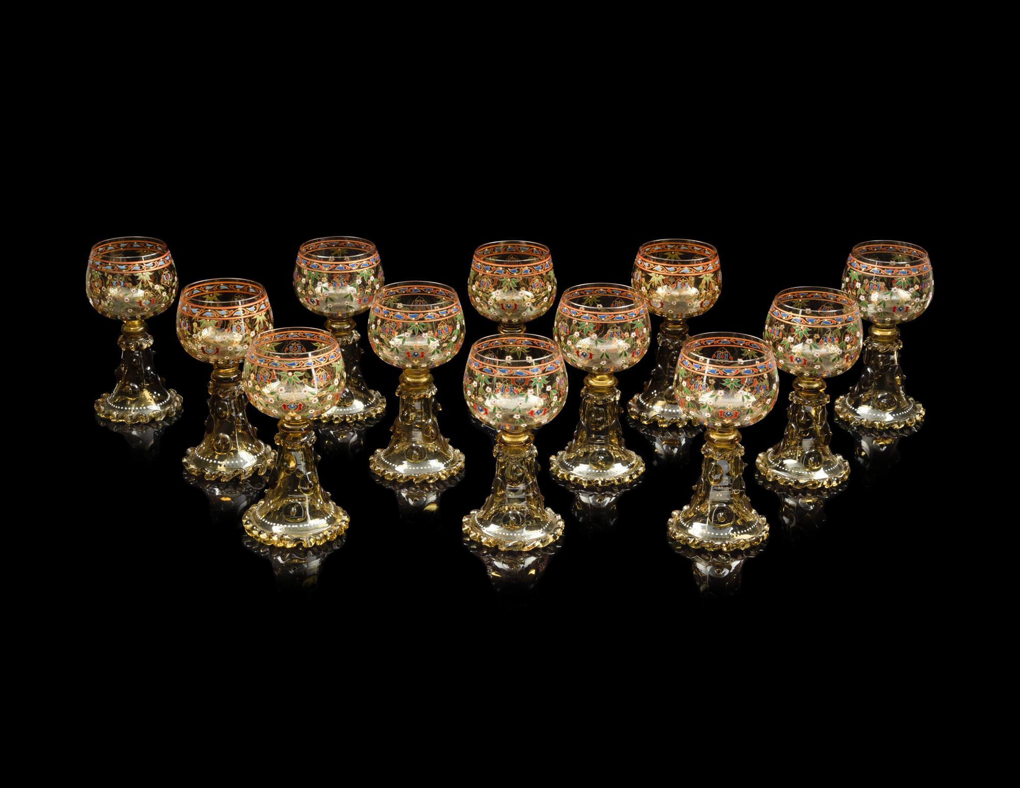 A Set of Twelve Continental Enameled Glass Roemers