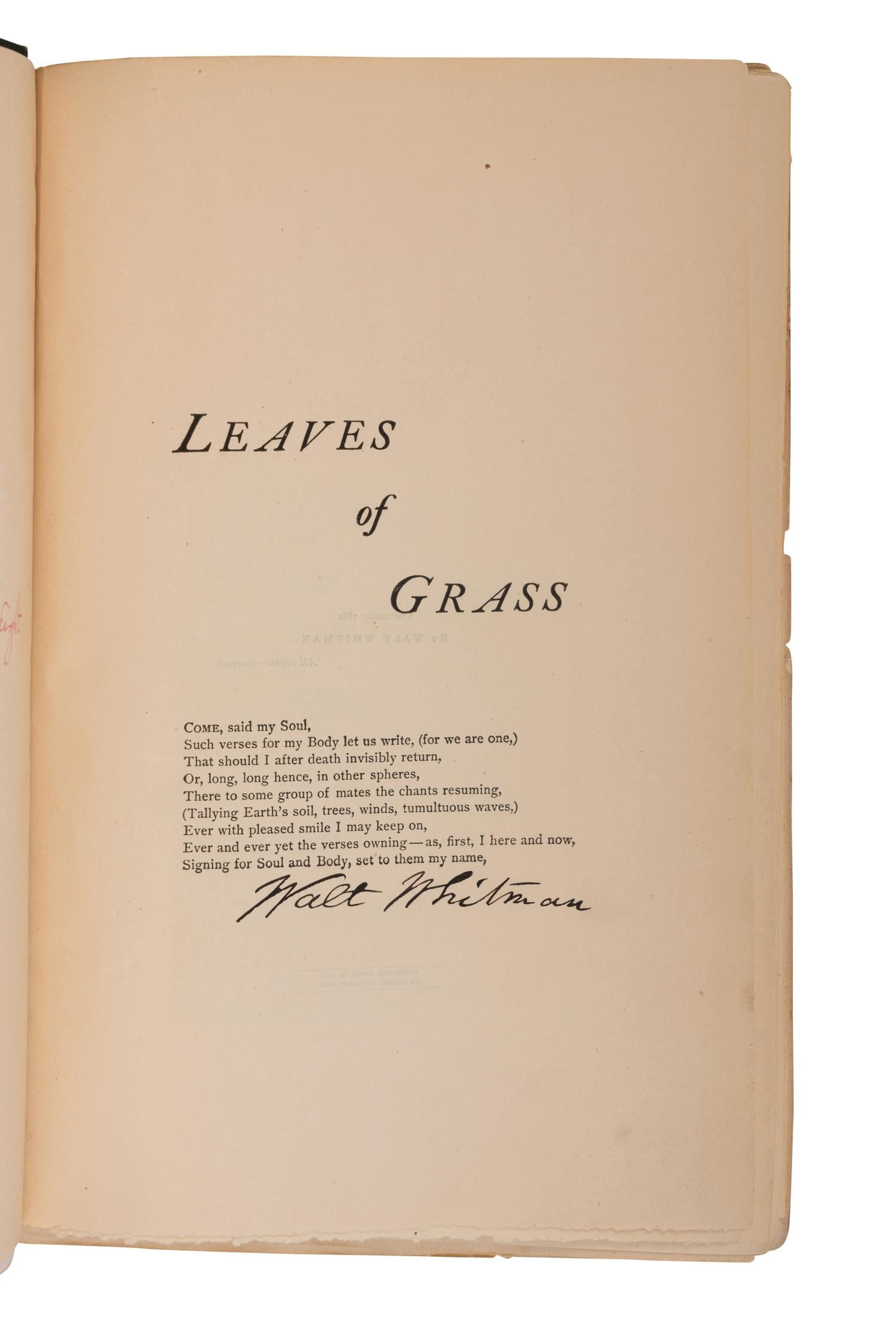 WHITMAN, Walt (1819-1892). Complete Poems & Prose of Walt Whitman, 1855...1888. Authenticated and Personal Book (handled by W.W.)... Portraits from Life...Autograph . [Philadelphia: for the author by the Ferguson Brothers, 1888].