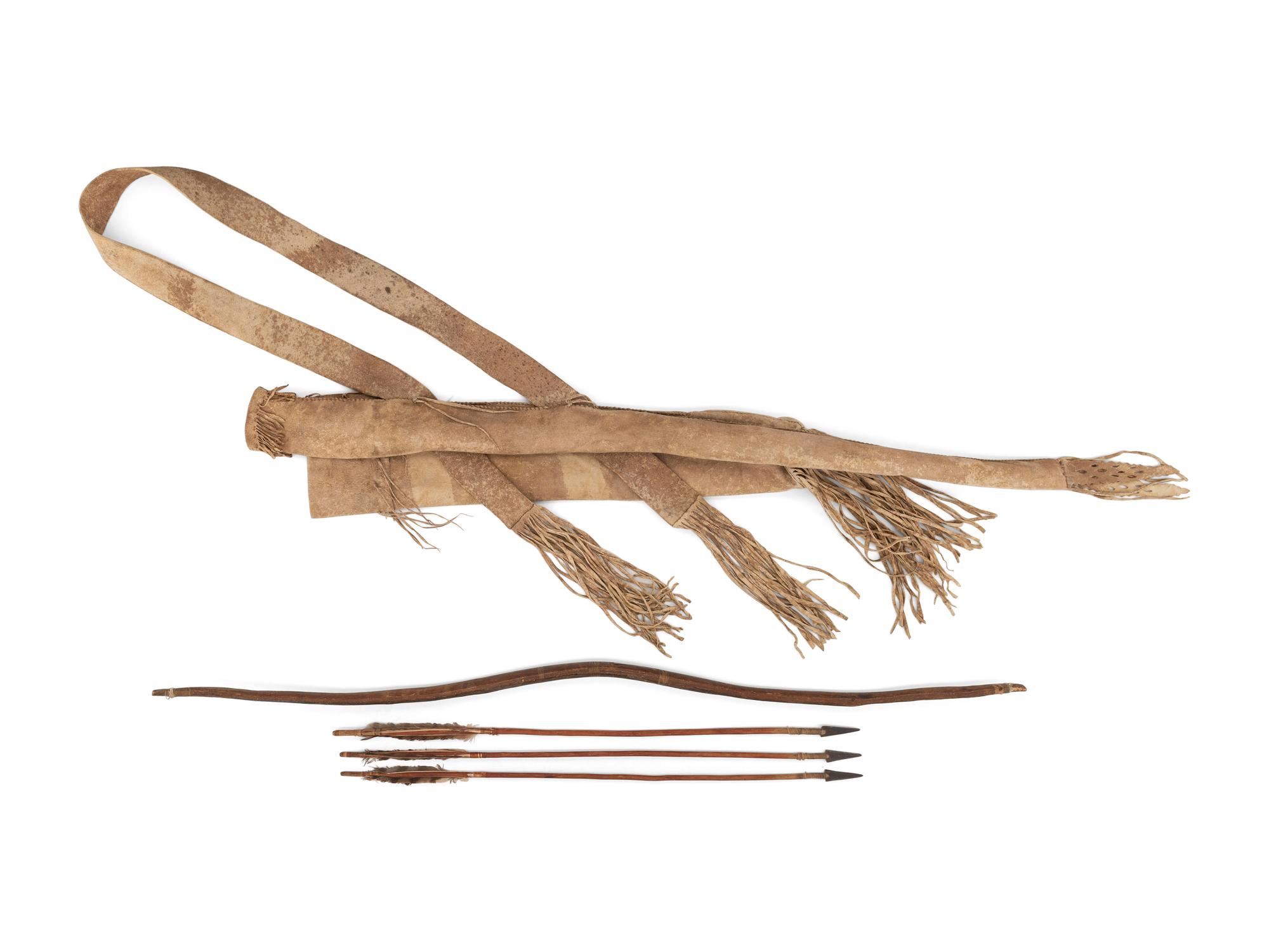 Apache Buffalo Hide Bowcase and Quiver, with Sinew-Backed Recurve Bow and Three Arrows