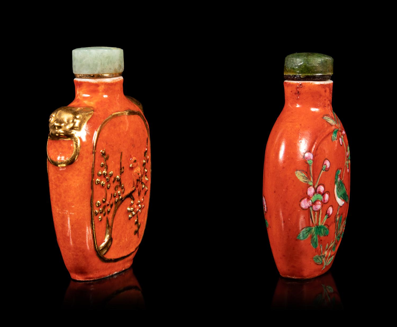 Two Chinese Coral Red-Ground Porcelain Snuff Bottles