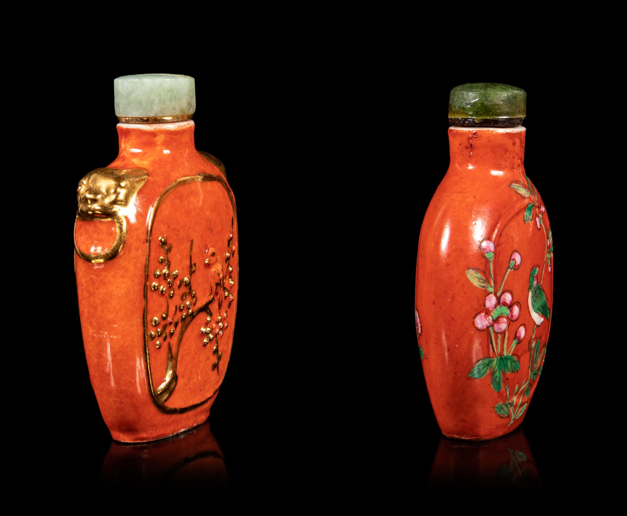 Two Chinese Coral Red-Ground Porcelain Snuff Bottles