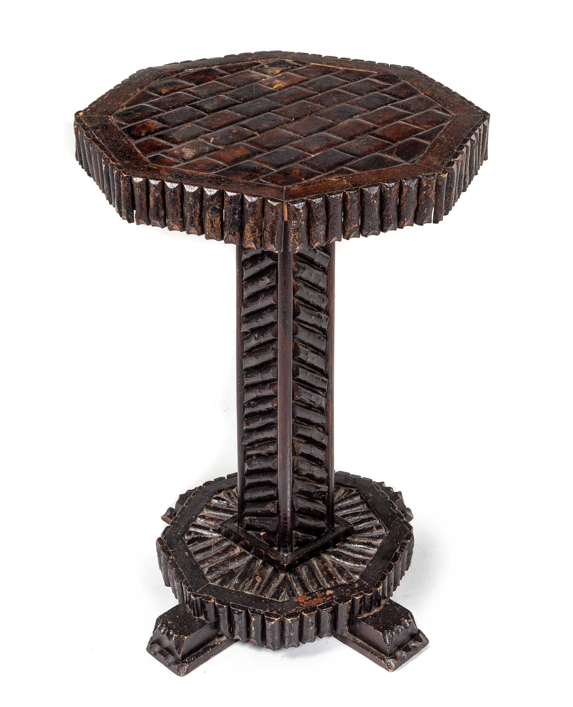 A Tramp Art Side Table Height 28 x width 21 inches. — EARLY 20TH CENTURY