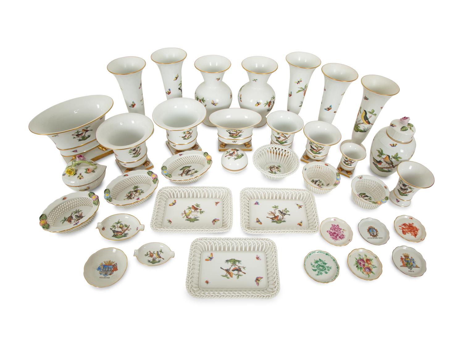 An Extensive Group of Herend Rothschild Bird Porcelain Table Articles