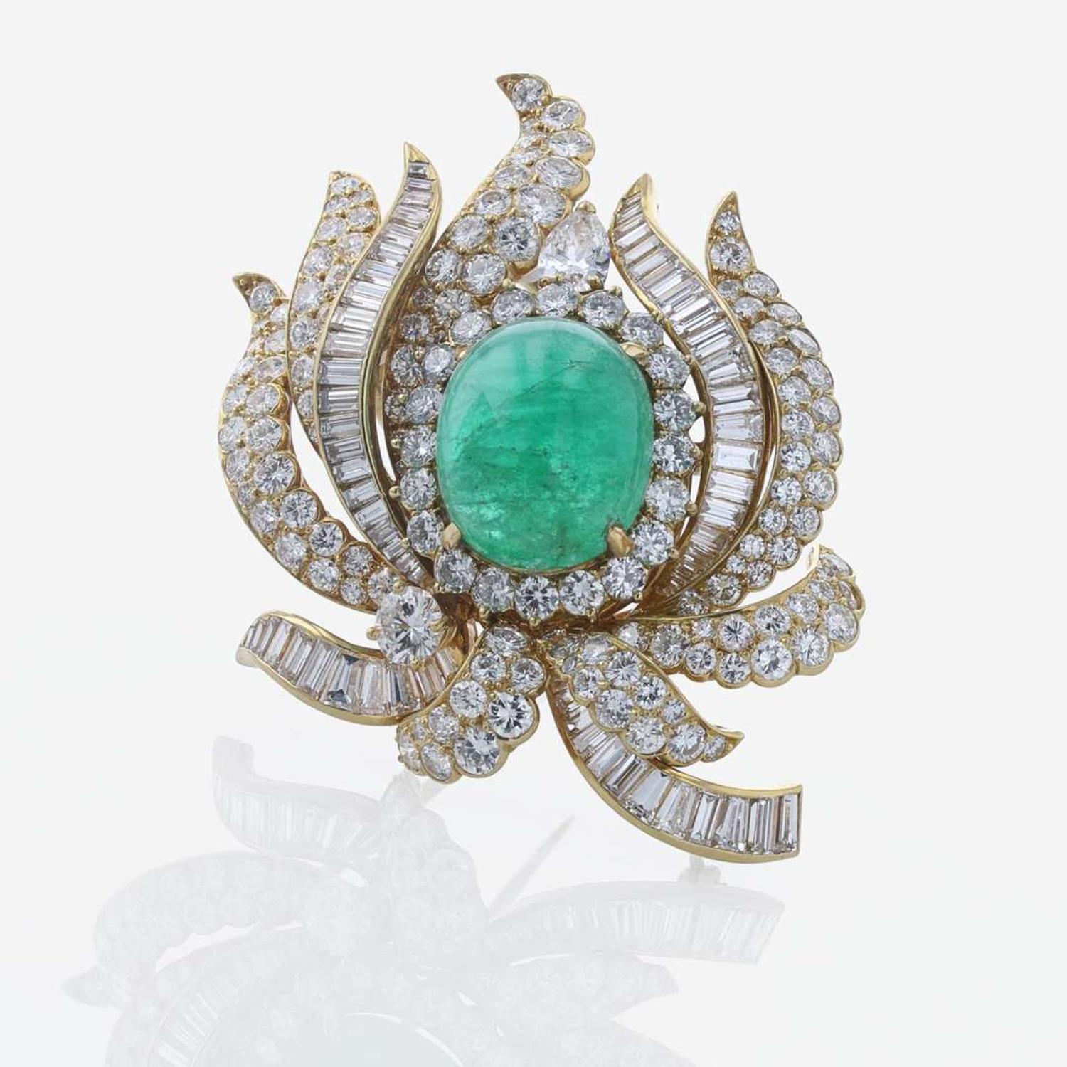 A Diamond, Cabochon Emerald, and 18K Yellow Gold Cartier Brooch