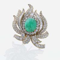 A Diamond, Cabochon Emerald, and 18K Yellow Gold Cartier Brooch