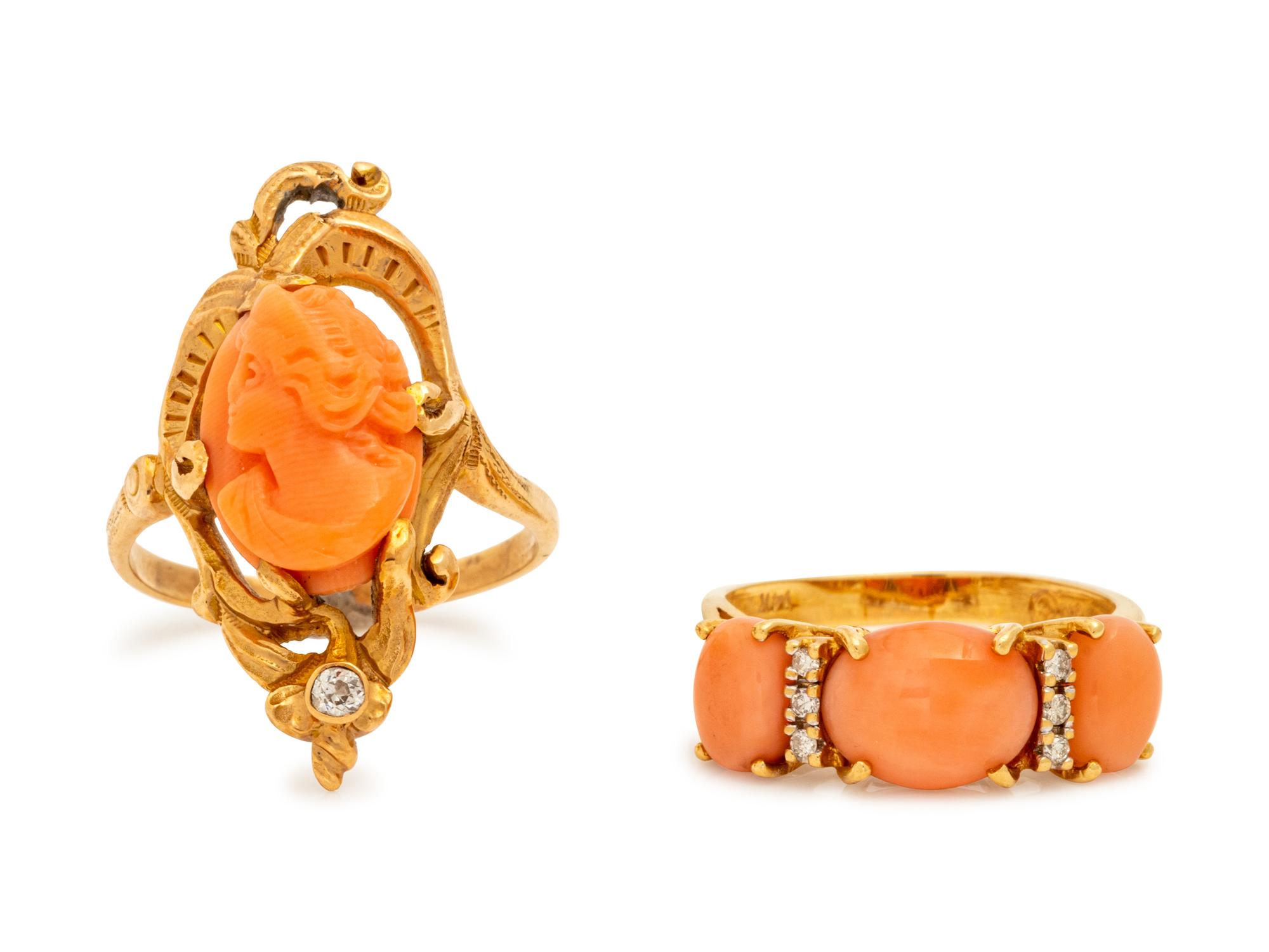 A Collection of Yellow Gold, Coral and Diamond Rings,