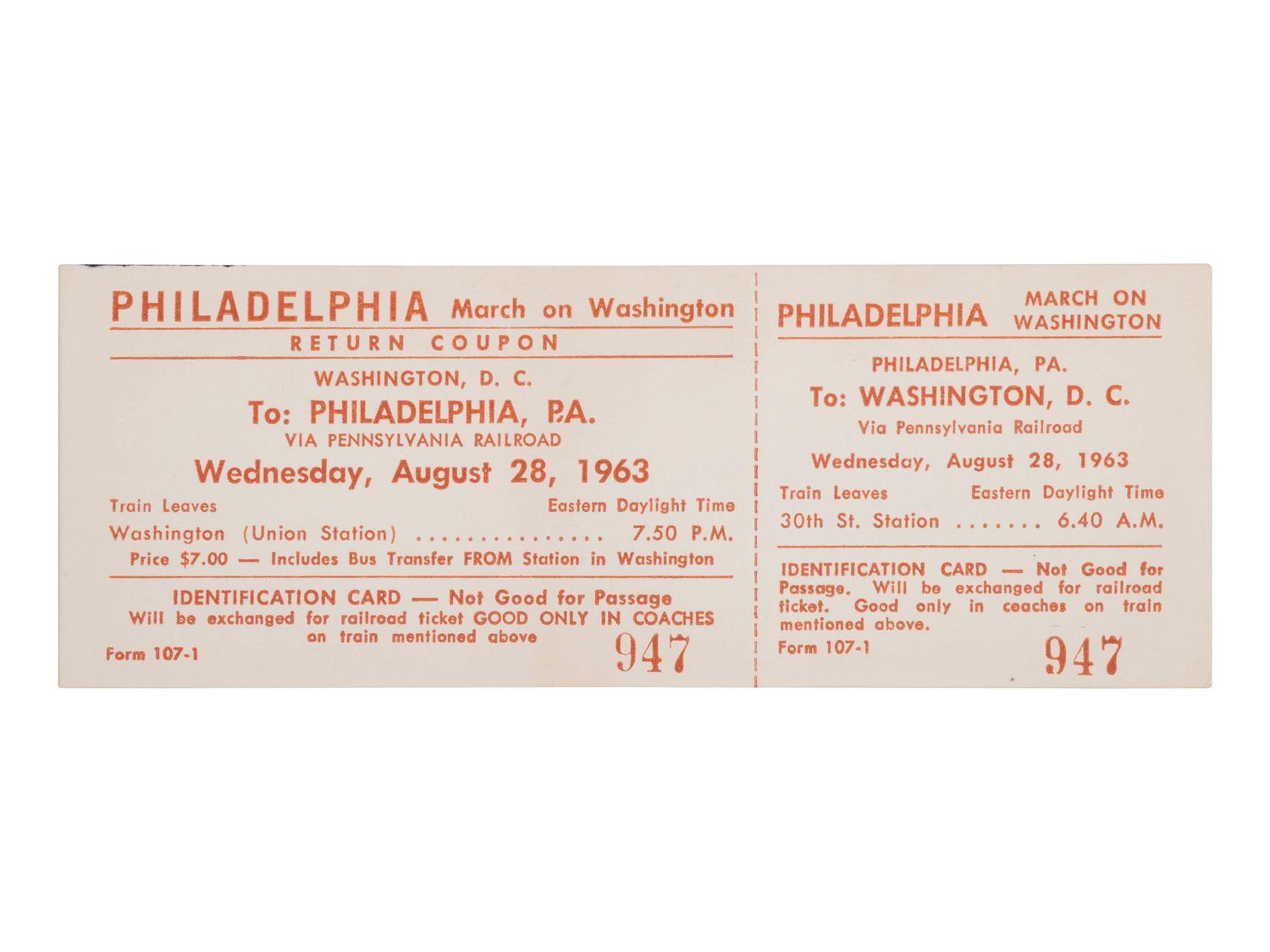 [CIVIL RIGHTS]. March on Washington unused round-trip bus ticket from Philadelphia to Washington, DC. 28 August 1963.