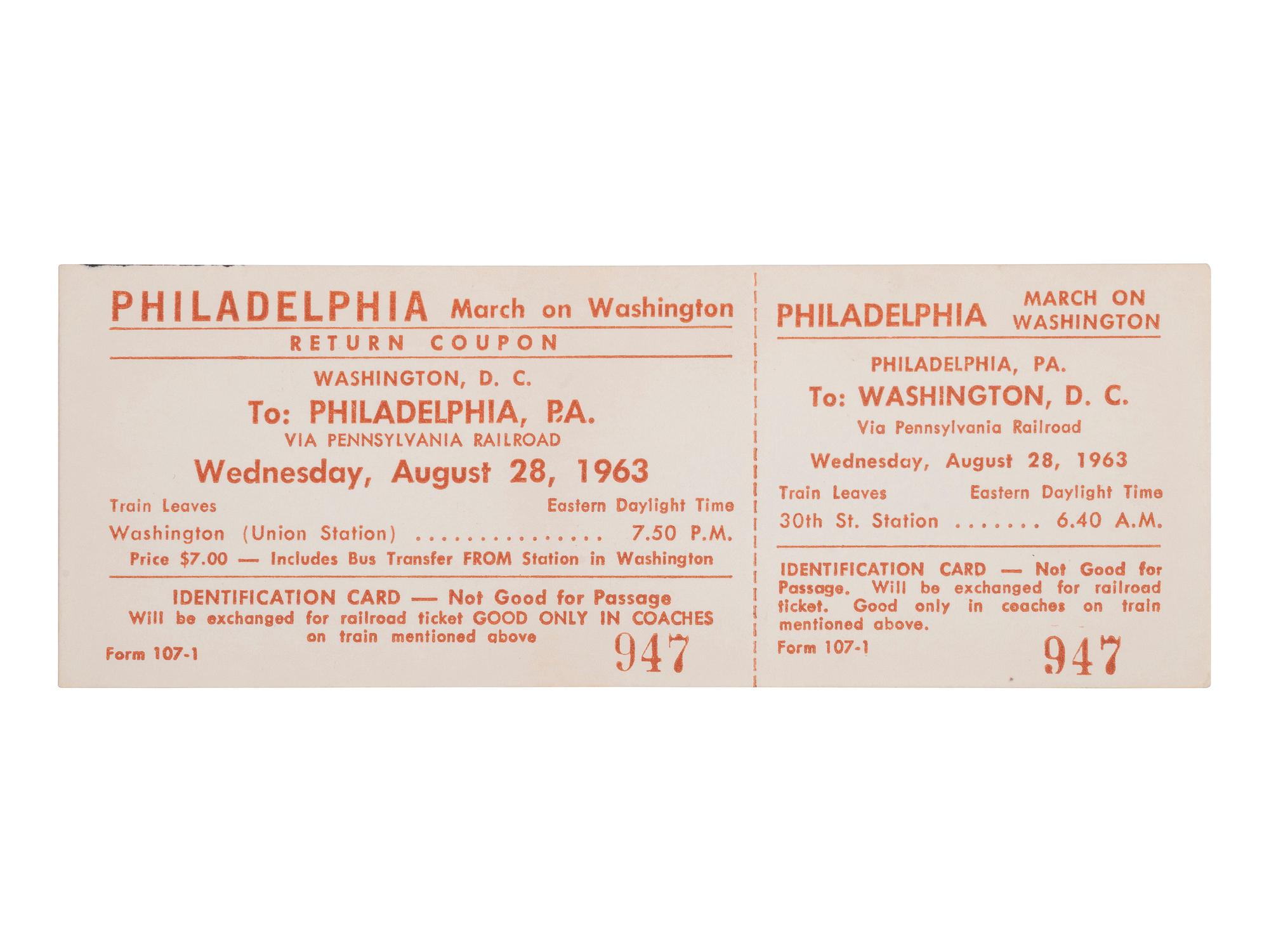 [CIVIL RIGHTS]. March on Washington unused round-trip bus ticket from Philadelphia to Washington, DC. 28 August 1963.