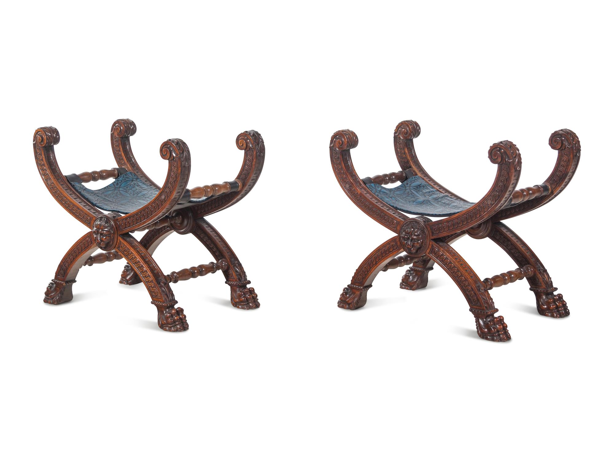 A Pair of Baroque Style Carved Walnut Stools