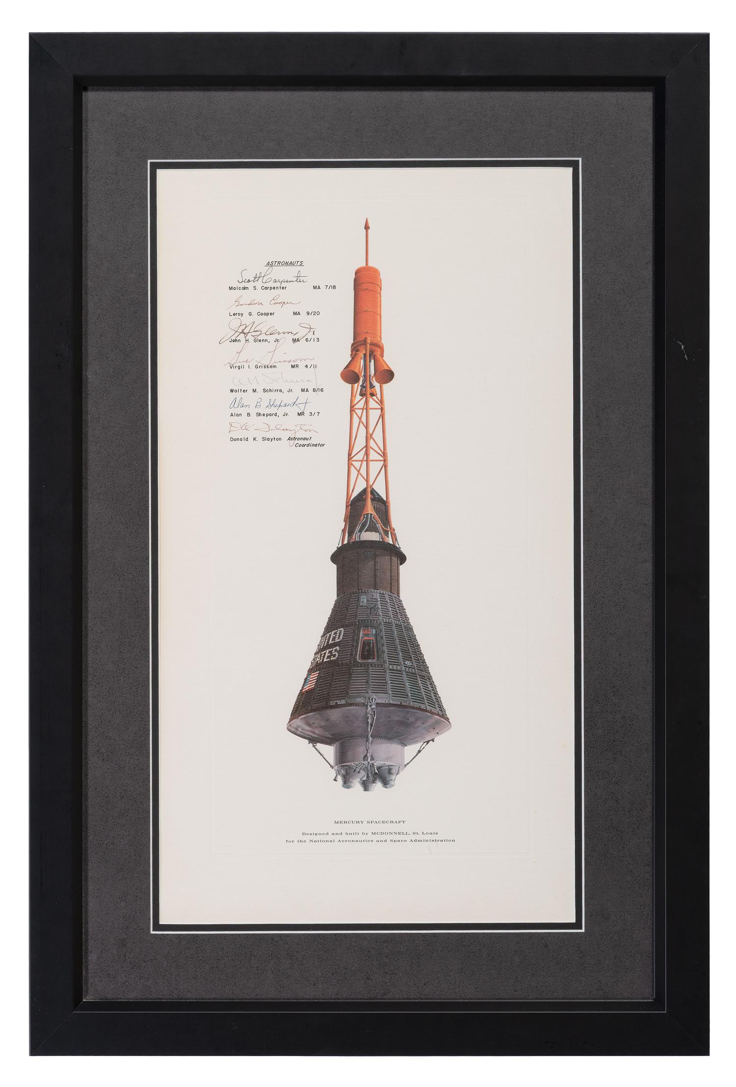 [SPACE AND EXPLORATION]. Mercury Spacecraft . Lithograph signed by Mercury astronauts.
