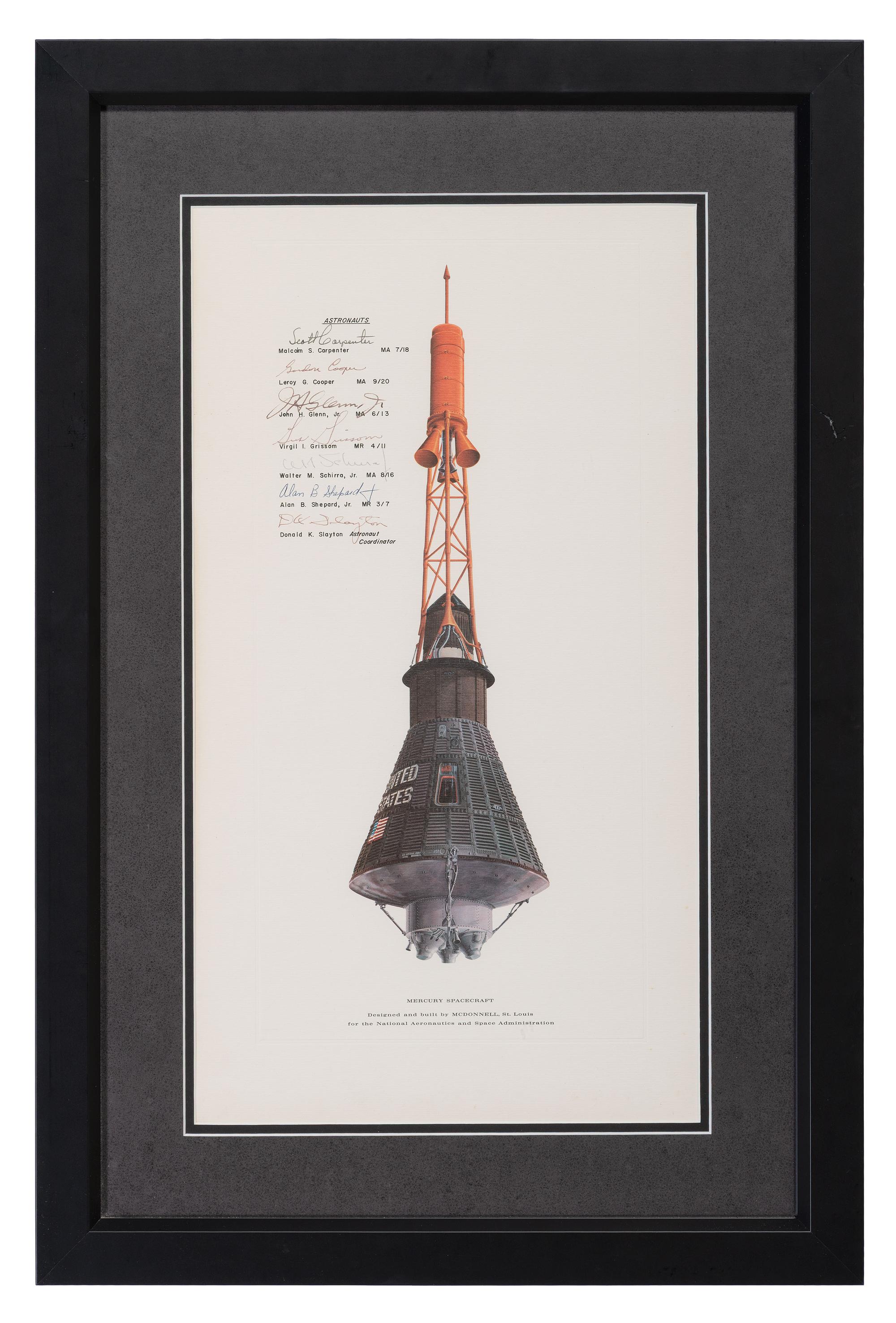 [SPACE AND EXPLORATION]. Mercury Spacecraft . Lithograph signed by Mercury astronauts.