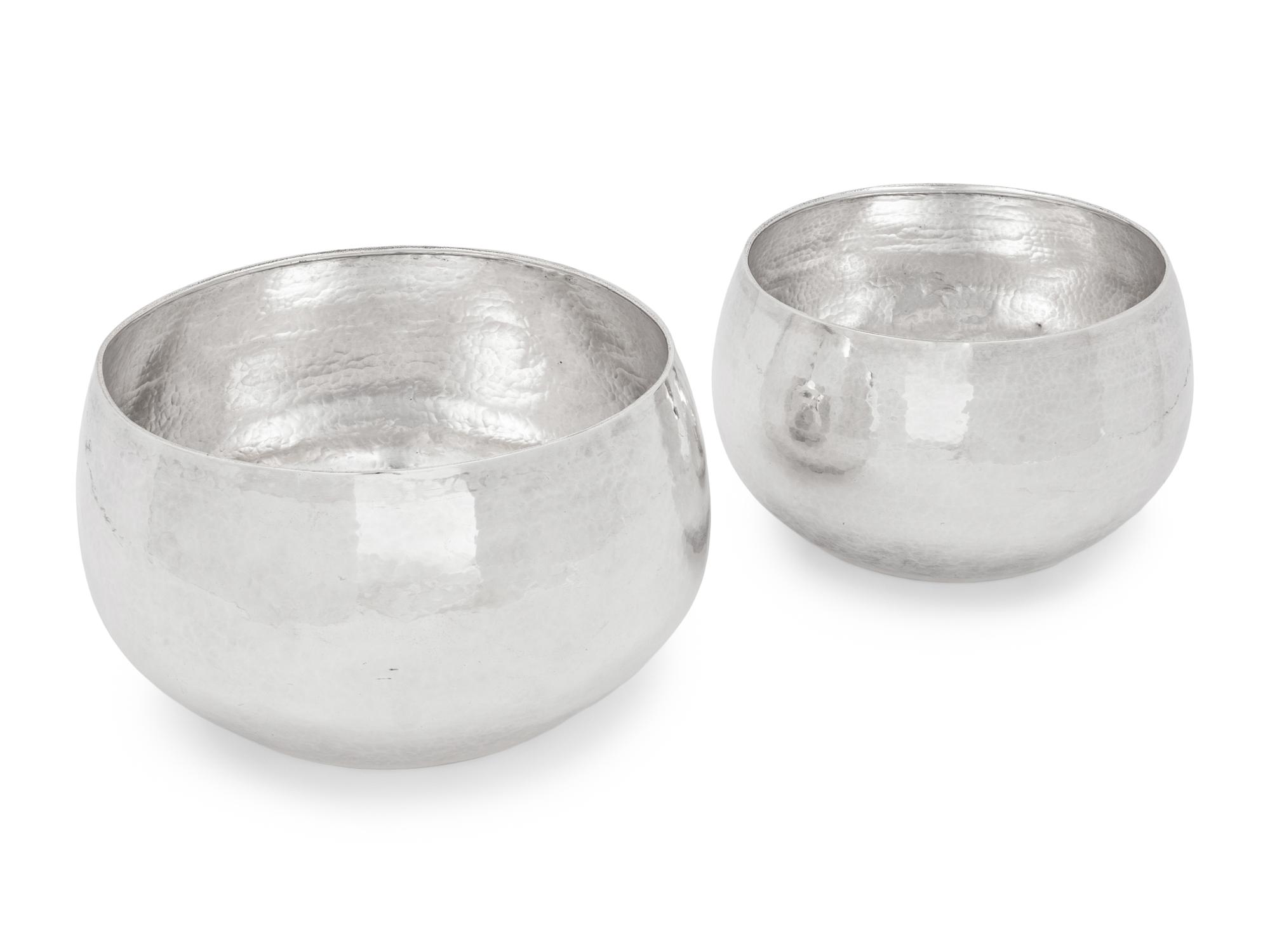 Two Silvered-Metal Hammered Vases