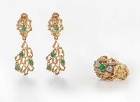 A Set of Matching Brutalist Yellow Gold and Emerald Earrings and Ring