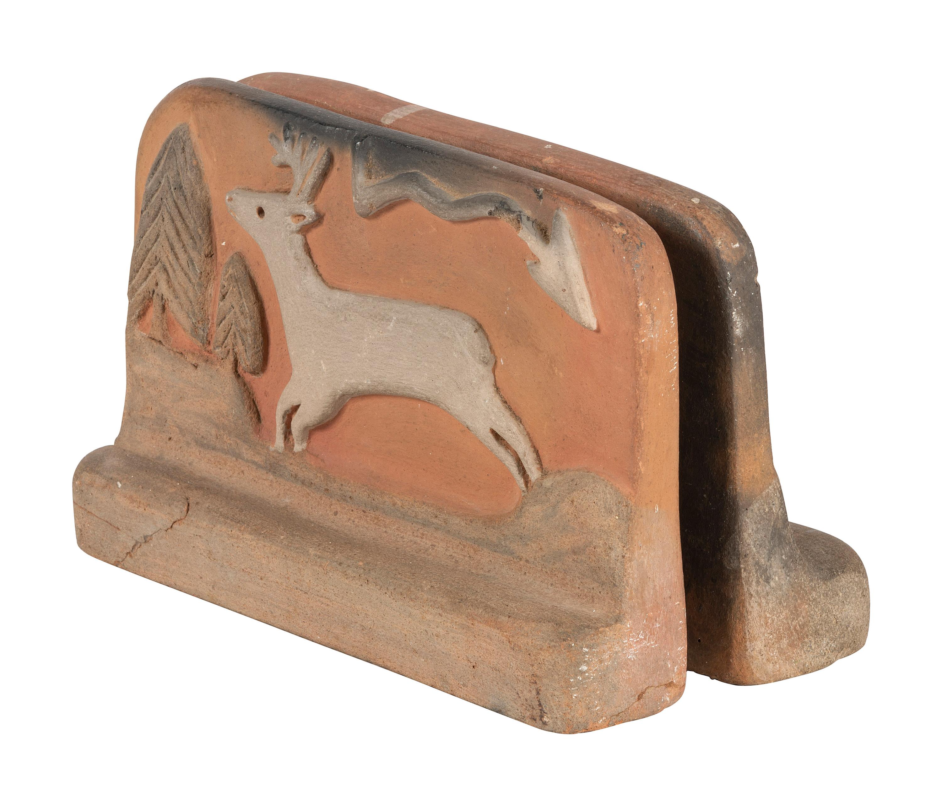 Pueblo Pottery Bookends, with Stags and Lightening