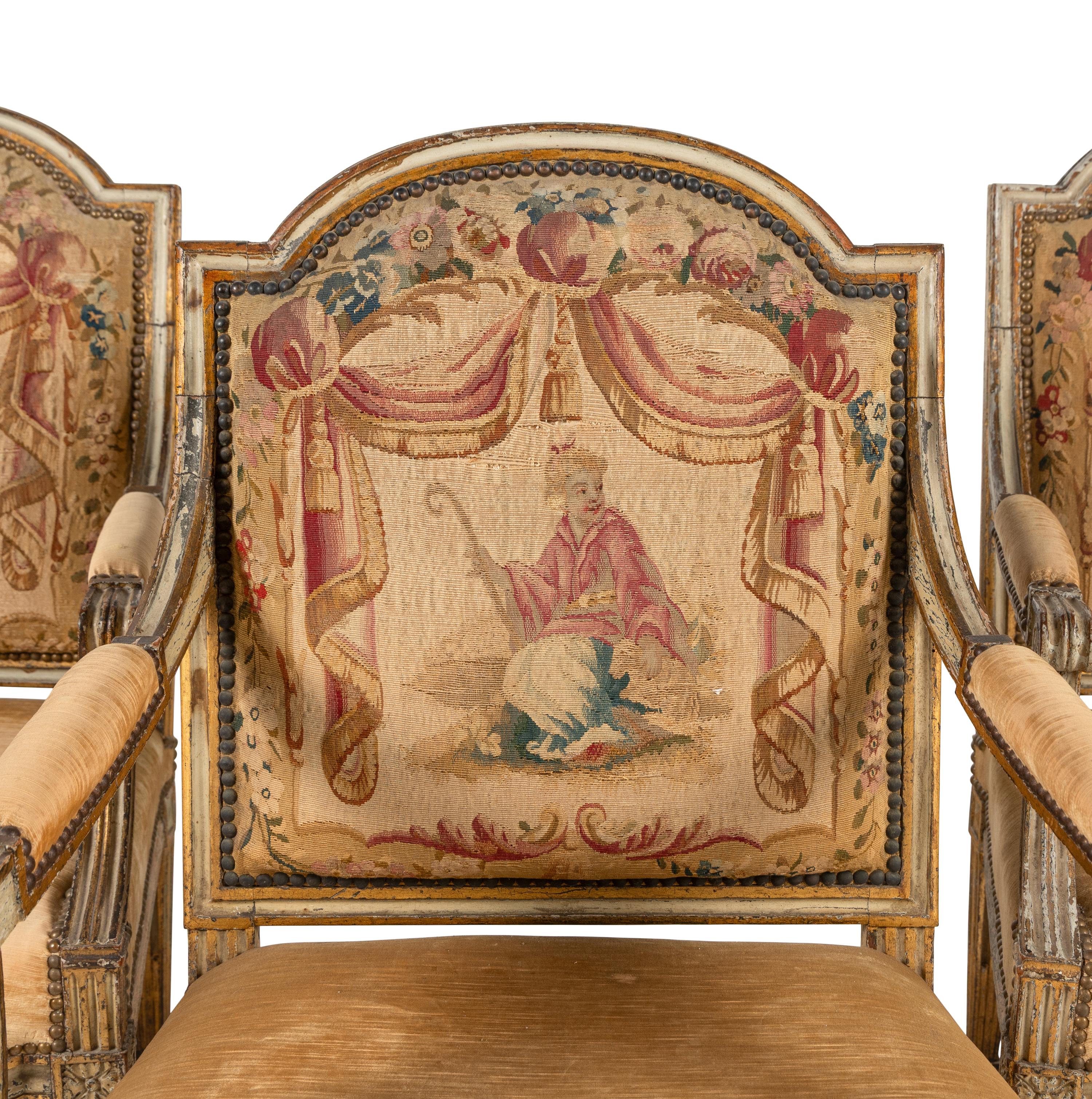 A Set of Five Louis XVI Tapestry Upholstered Fauteuils