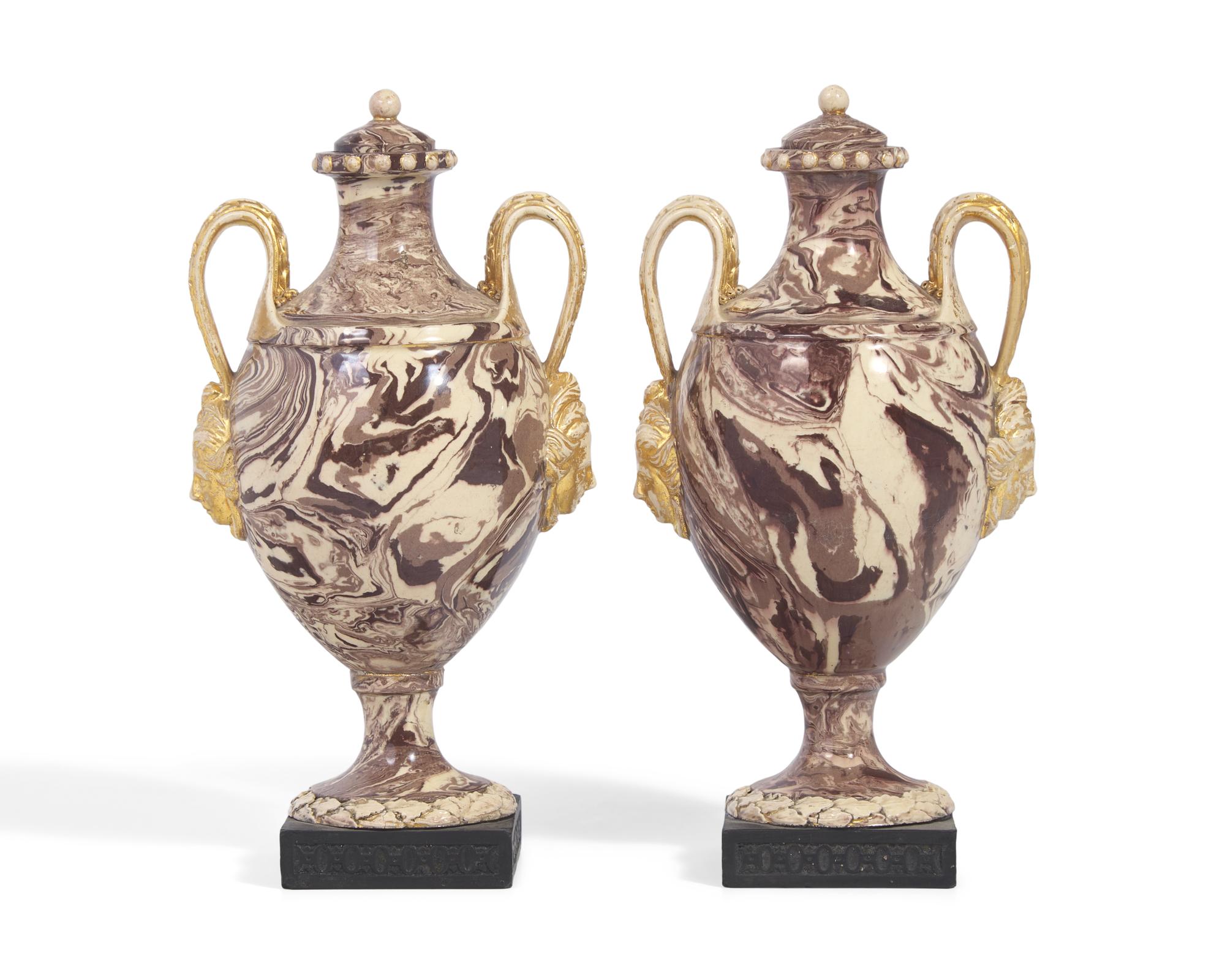 A Pair of Wedgwood and Bentley Agateware Covered Urns with Applied Intaglios