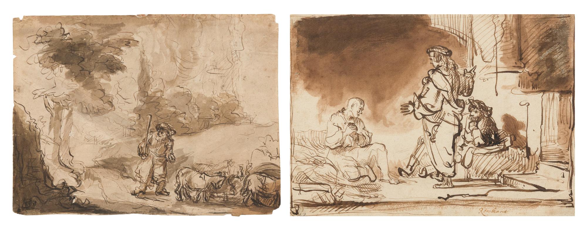 Circle of Rembrandt van Rijn, (Dutch, 1606-1669), Joseph Interpreting the Dreams of his Fellow Prisoners and Moses and the Burning Bush