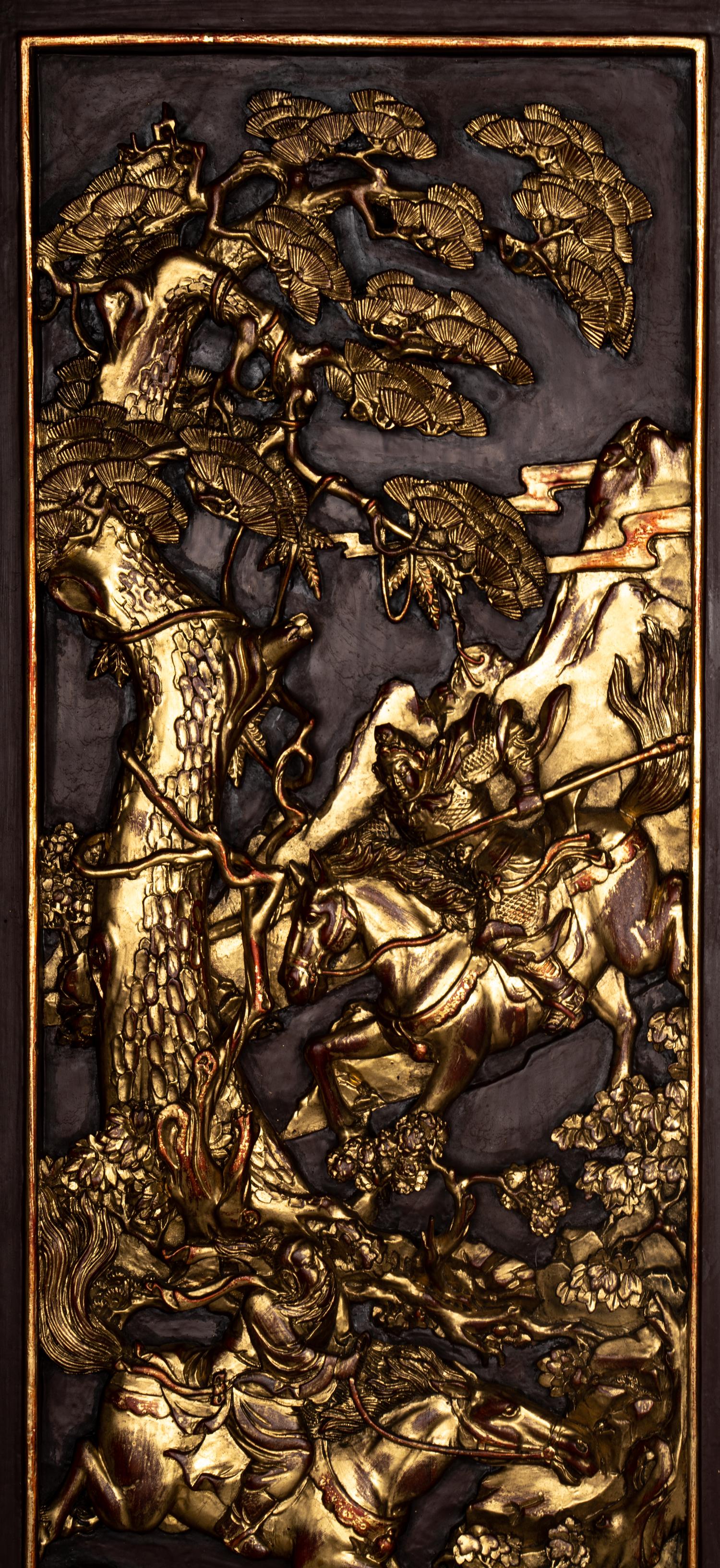 A Pair of Chinese Gilt and Red Lacquered Carved Wood Panels