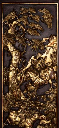 A Pair of Chinese Gilt and Red Lacquered Carved Wood Panels