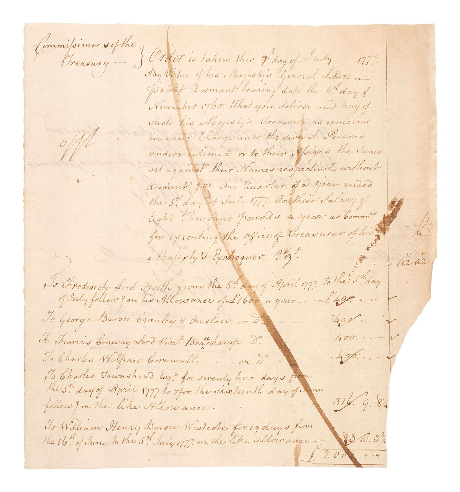 [POLITICS]. Two documents signed by 18th century Prime Ministers of Great Britain, Lord NORTH and William CAVENDISH-BENTINCK, 3rd Duke of Portland, comprising:
