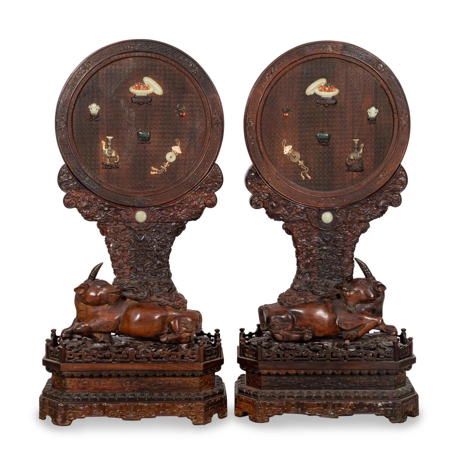 A Pair of Impressive Chinese Hardstone Inlaid Hardwood Floor Screens