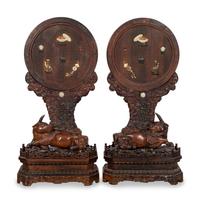 A Pair of Impressive Chinese Hardstone Inlaid Hardwood Floor Screens