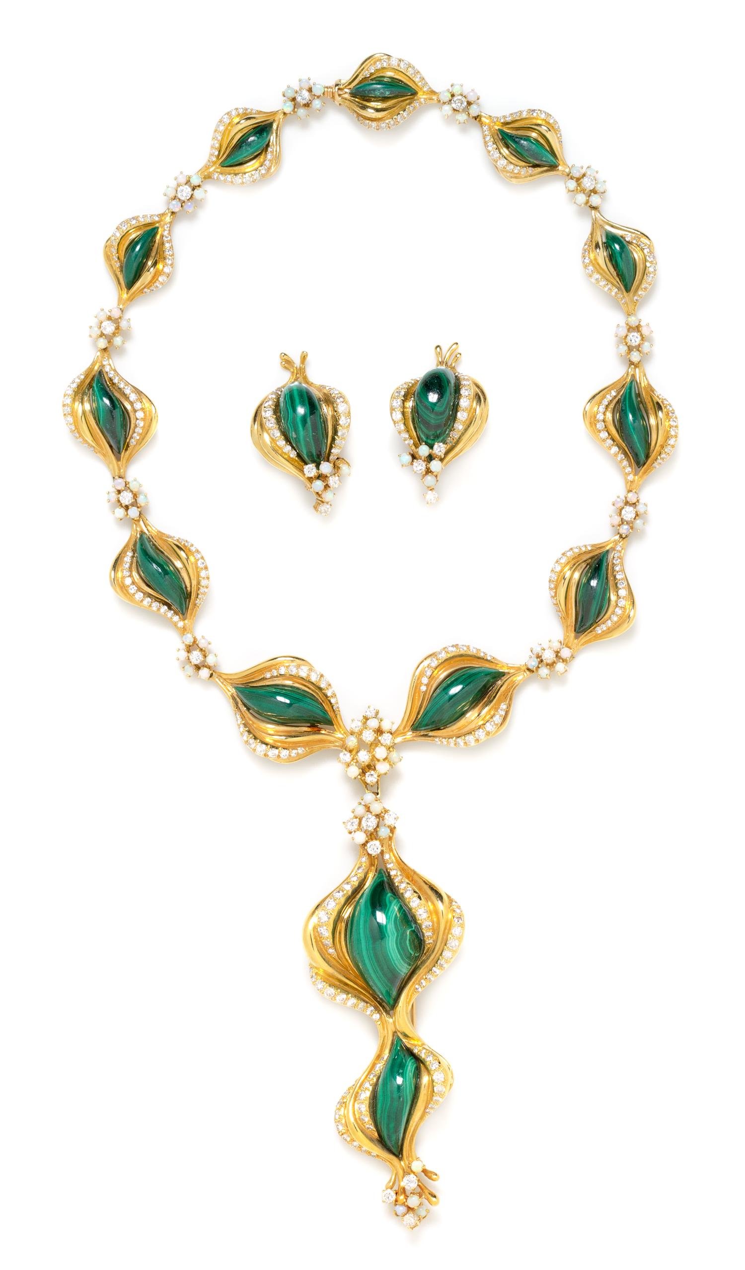 A Yellow Gold, Malachite, Diamond and Opal Demi Parure, 124.60 dwts.