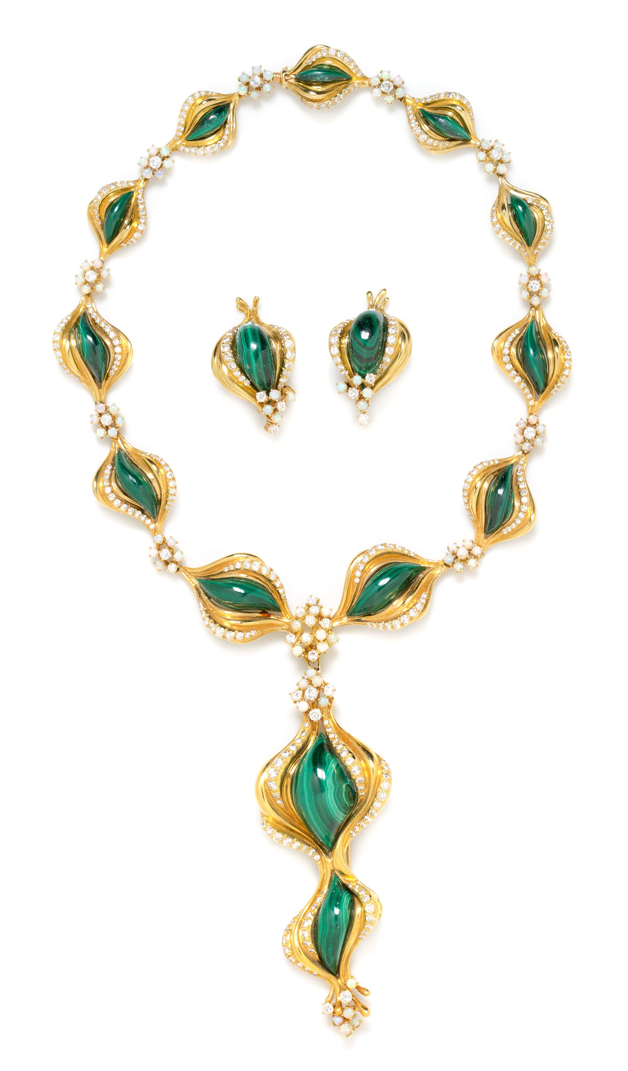 A Yellow Gold, Malachite, Diamond and Opal Demi Parure, 124.60 dwts.