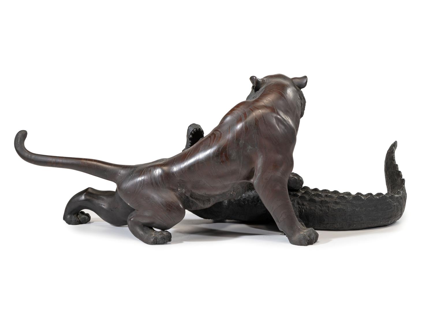 A Japanese Meiji Bronze Tiger and Alligator Sculptural Group