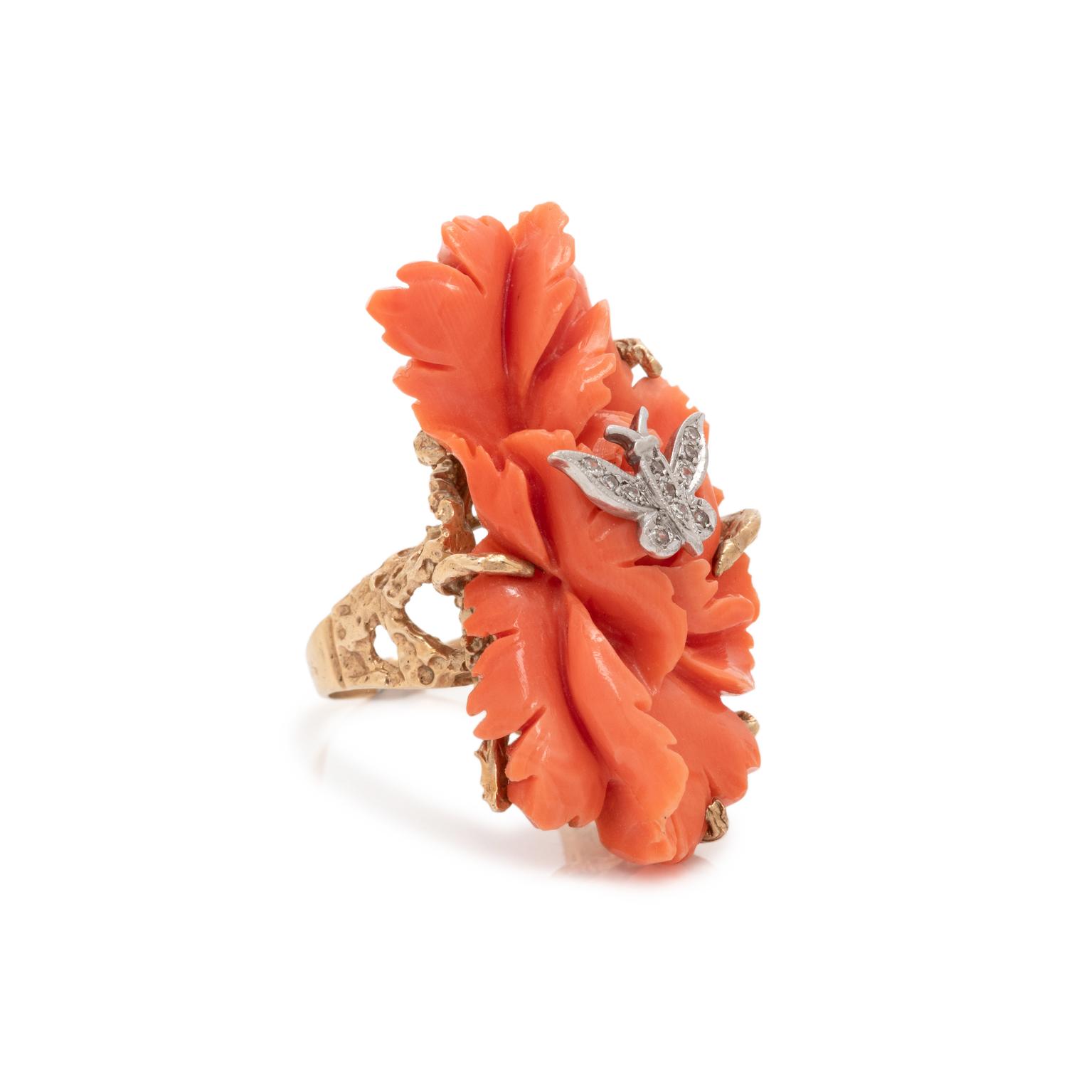 CARVED CORAL AND DIAMOND RING