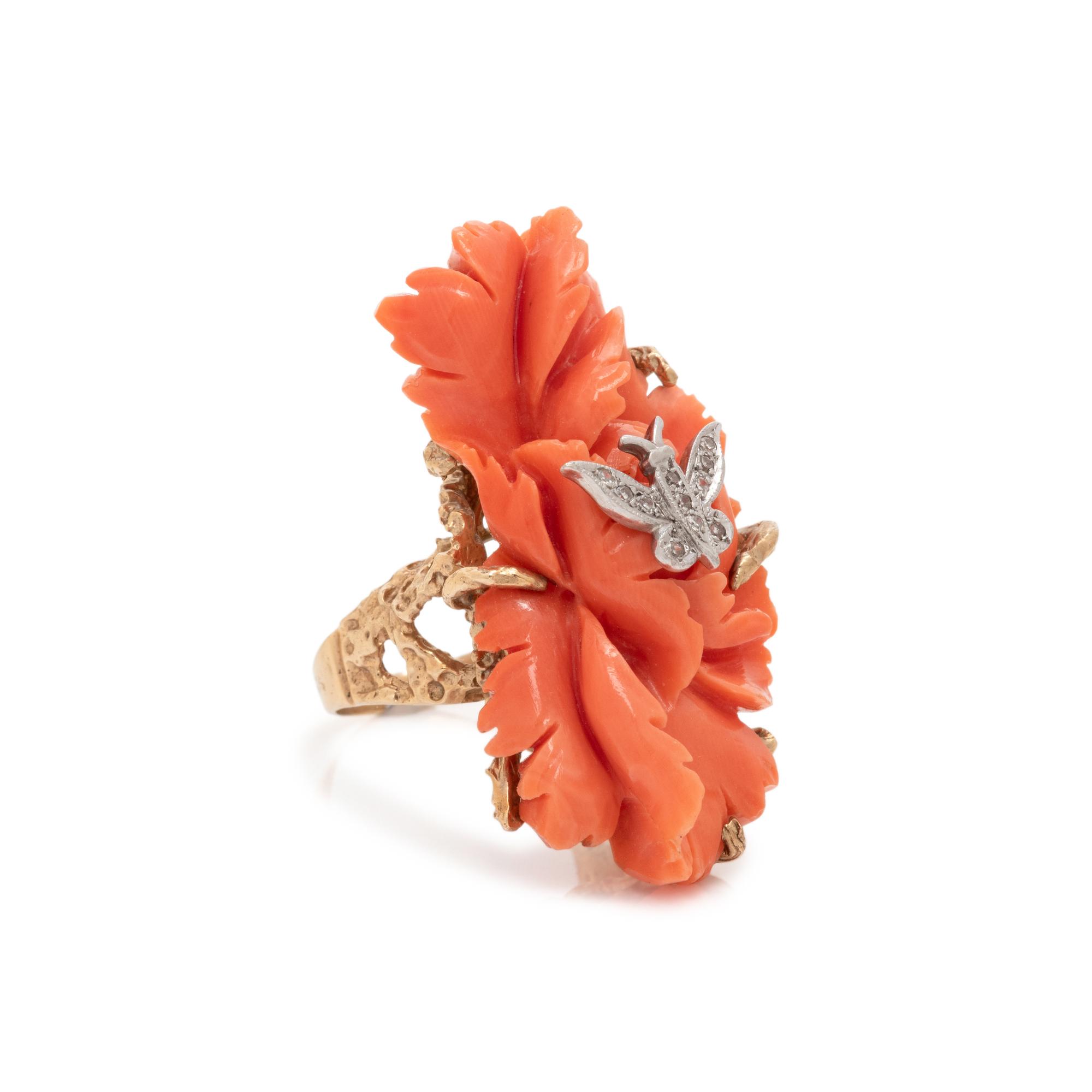 CARVED CORAL AND DIAMOND RING