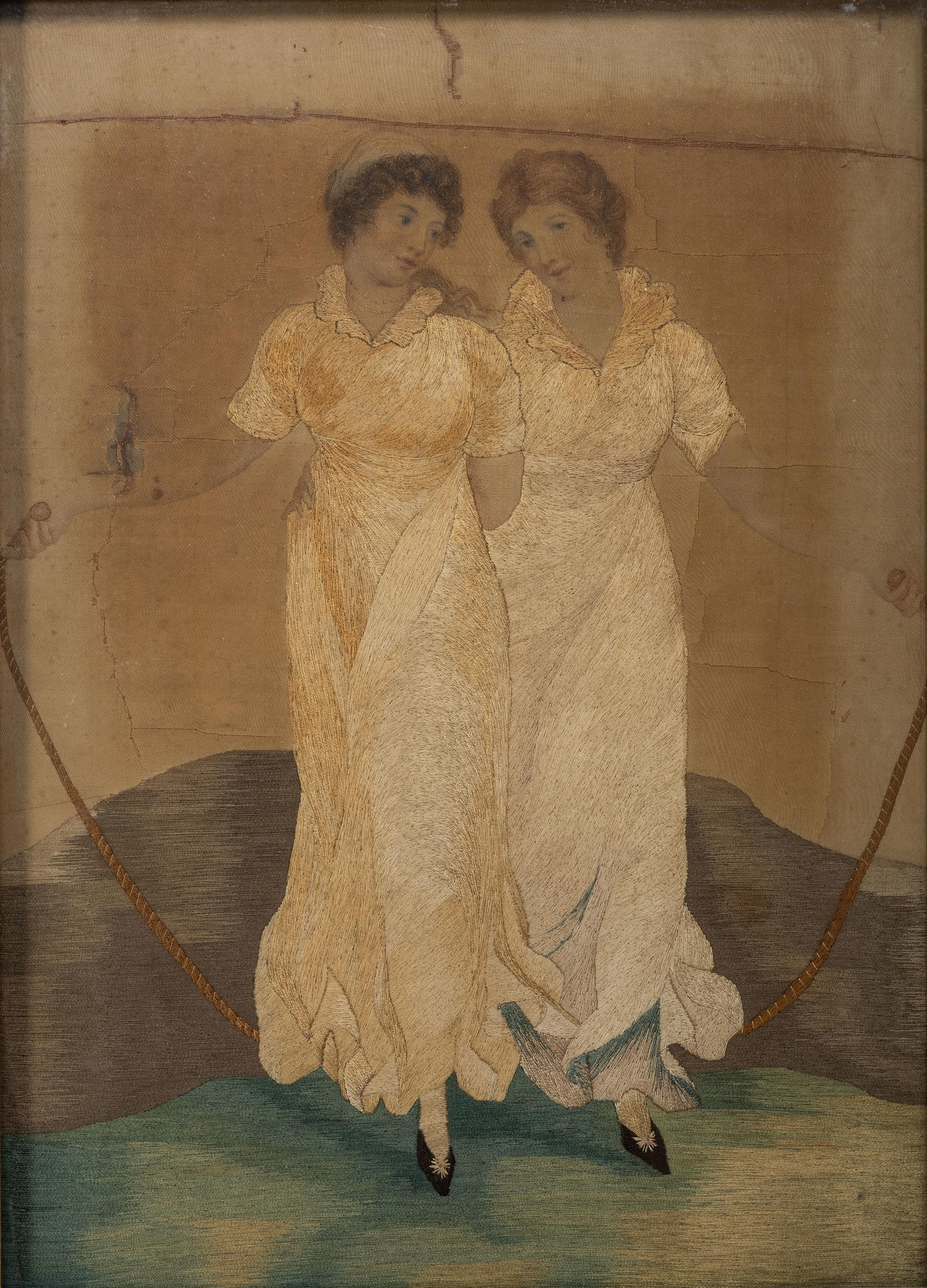 A Pair of Figural Goldwork Embroidered Pictures of Girls with a Jump Rope