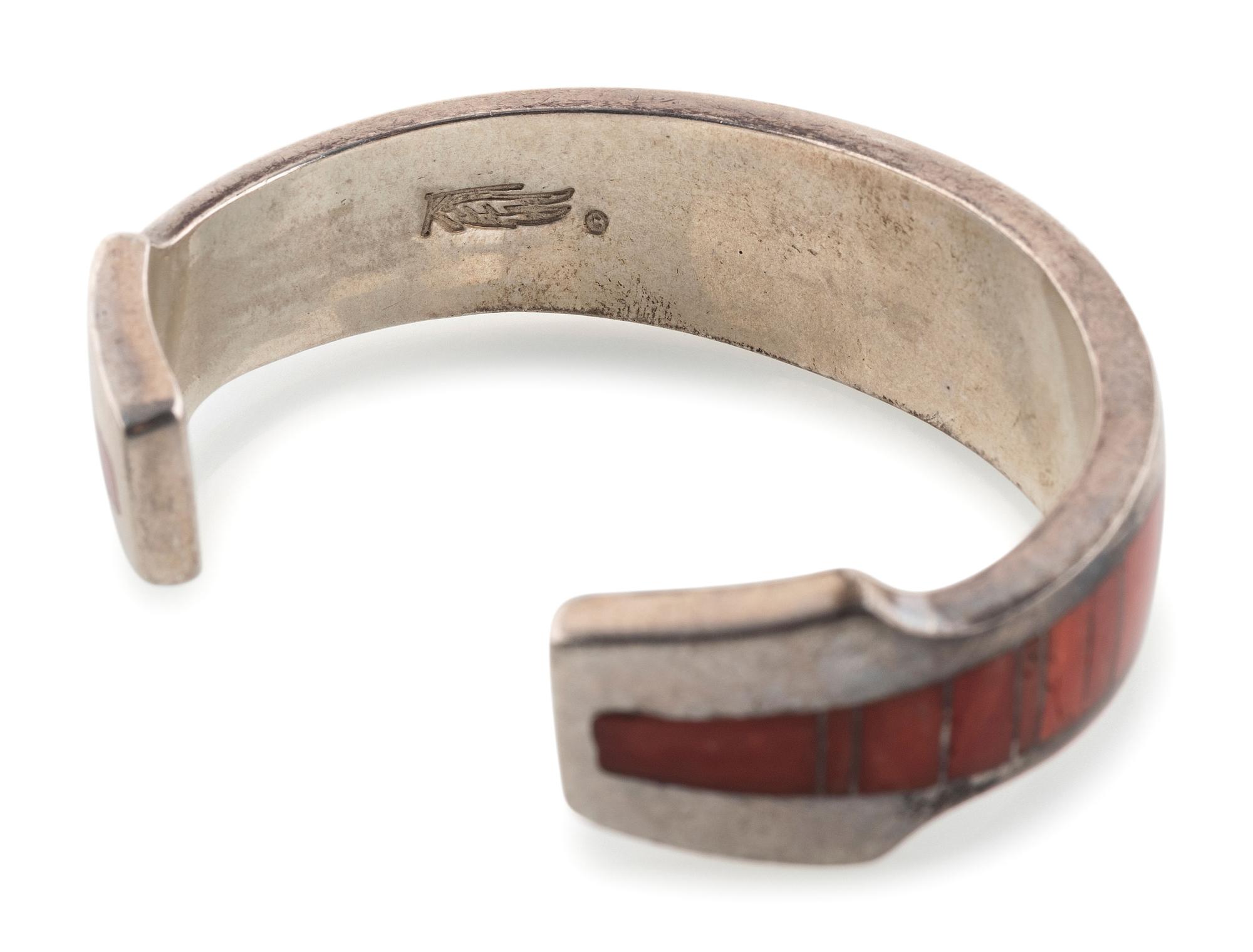 Zuni and Apache Silver and Channel Inlay Coral Cuff Bracelets