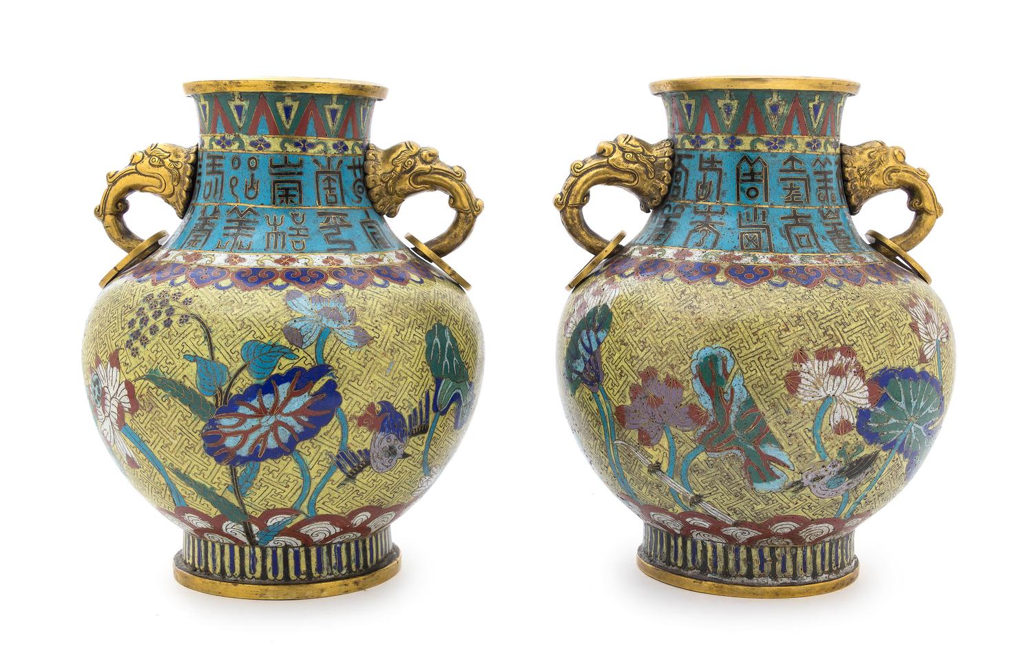 A Large Pair of Chinese Cloisonne Vases 18TH/19TH CENTURY Height 12 x width 9 1/2 inches. — 18TH/19TH CENTURY