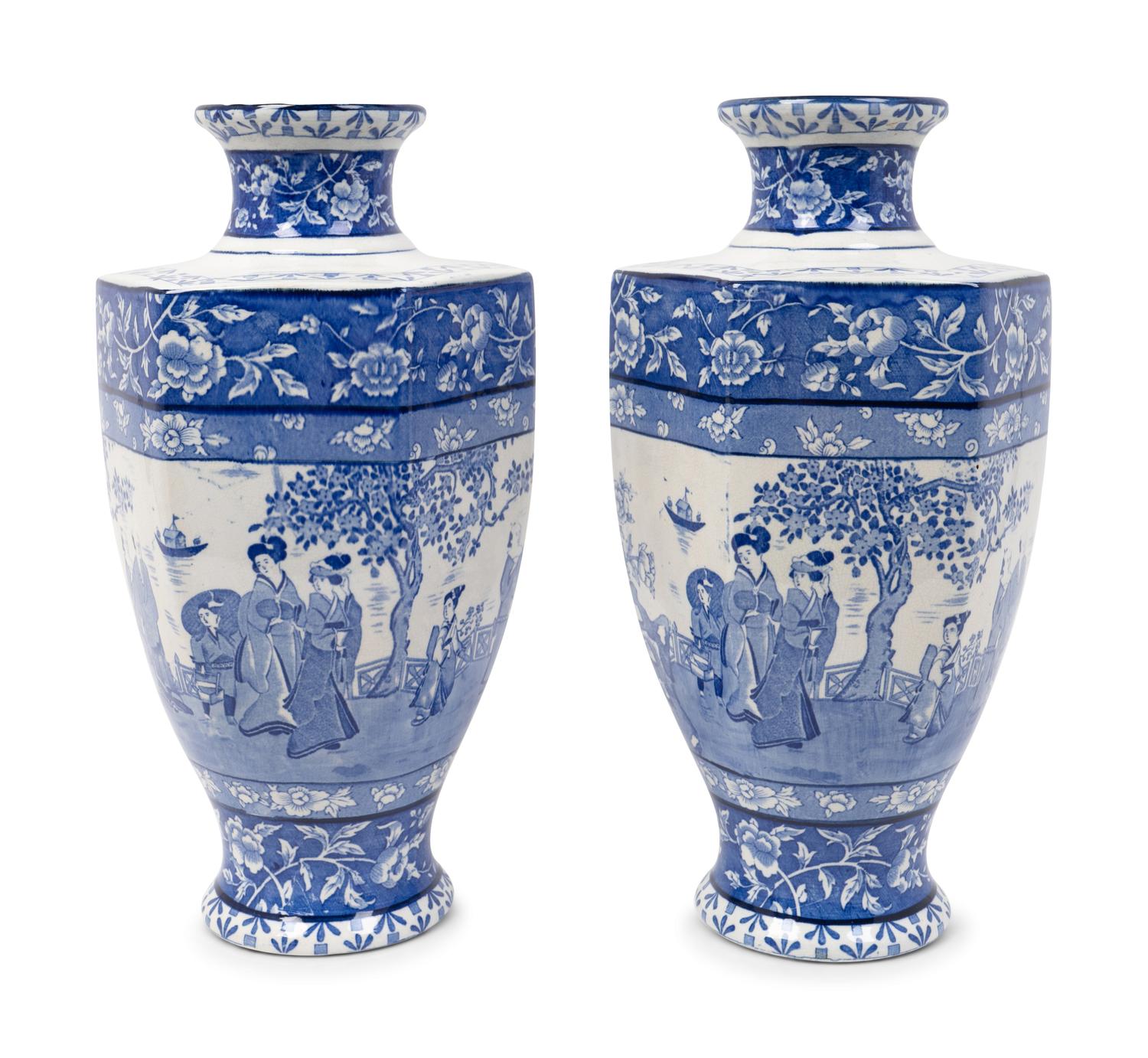 A Pair of English Blue and White Transfer-Printed Earthenware Hexagonal Vases — EMPIRE POTTERY CO., STOKE ON TRENT, LATE 19TH CENTURY