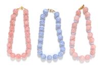 A Collection of Rose Quartz and Blue Lace Agate Bead Necklaces,