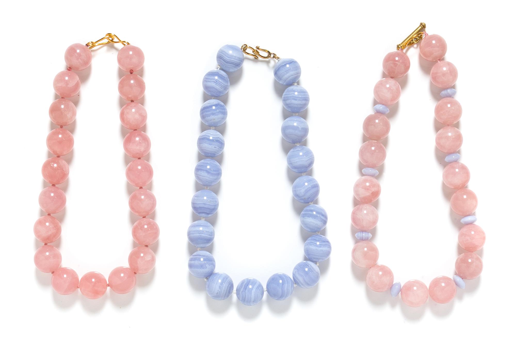 A Collection of Rose Quartz and Blue Lace Agate Bead Necklaces,