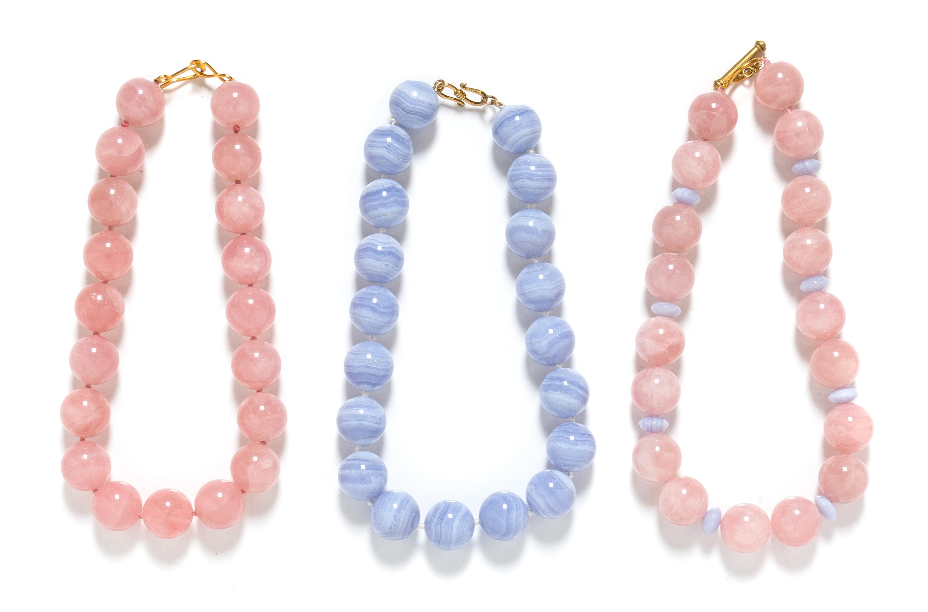 A Collection of Rose Quartz and Blue Lace Agate Bead Necklaces,