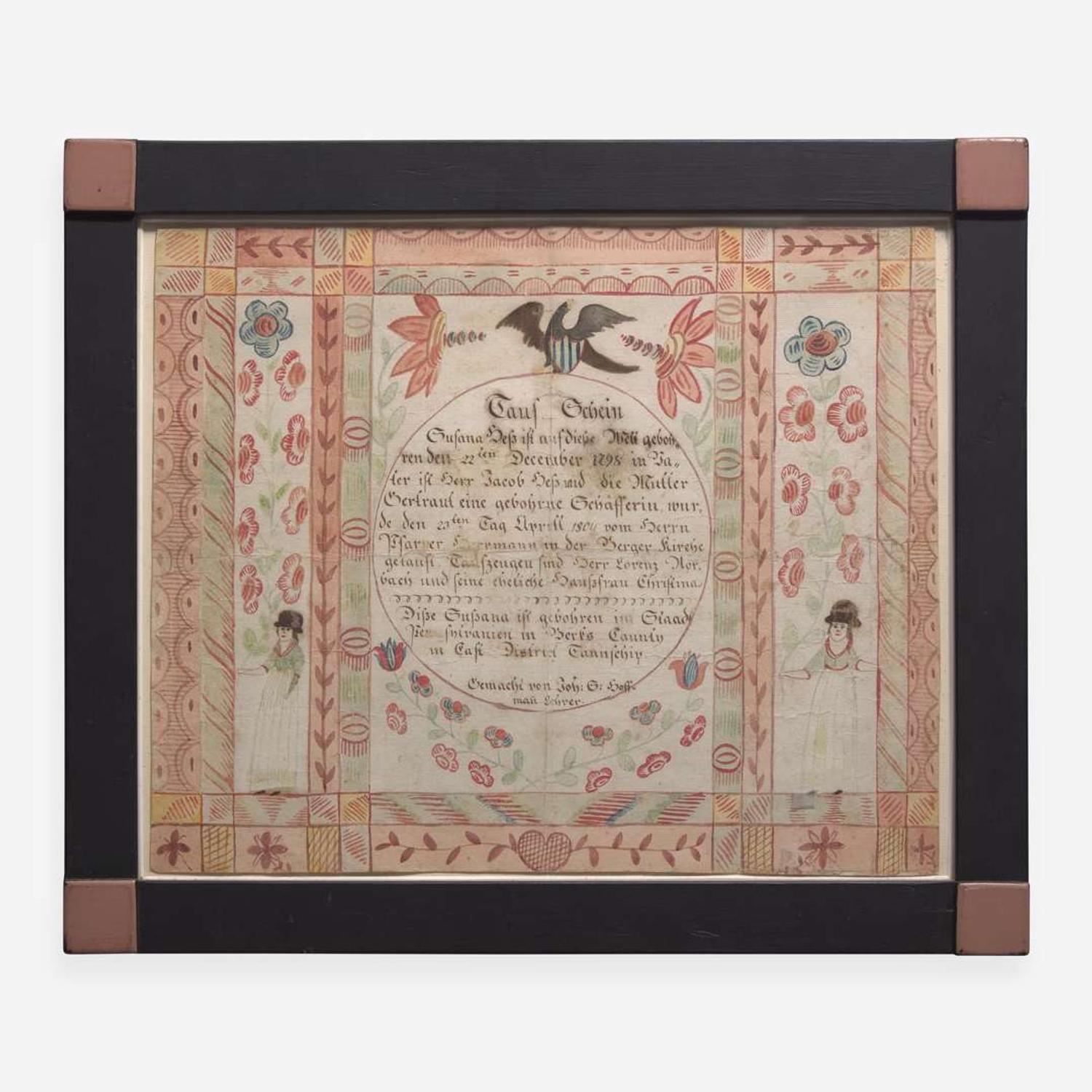 A Fraktur birth and baptism record for Susanna Getz of Berks County Johannes Hoffman, early 19th century