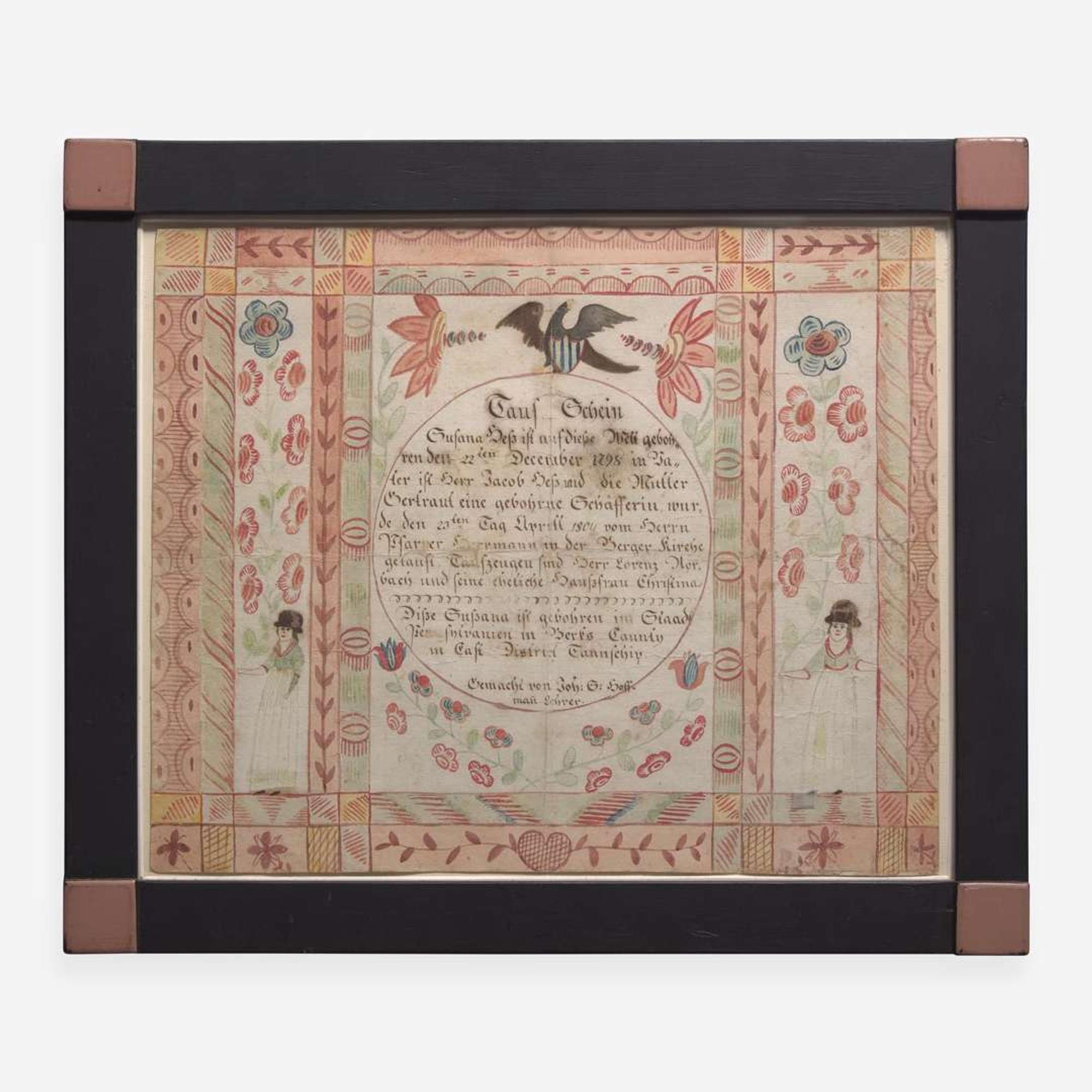 A Fraktur birth and baptism record for Susanna Getz of Berks County Johannes Hoffman, early 19th century