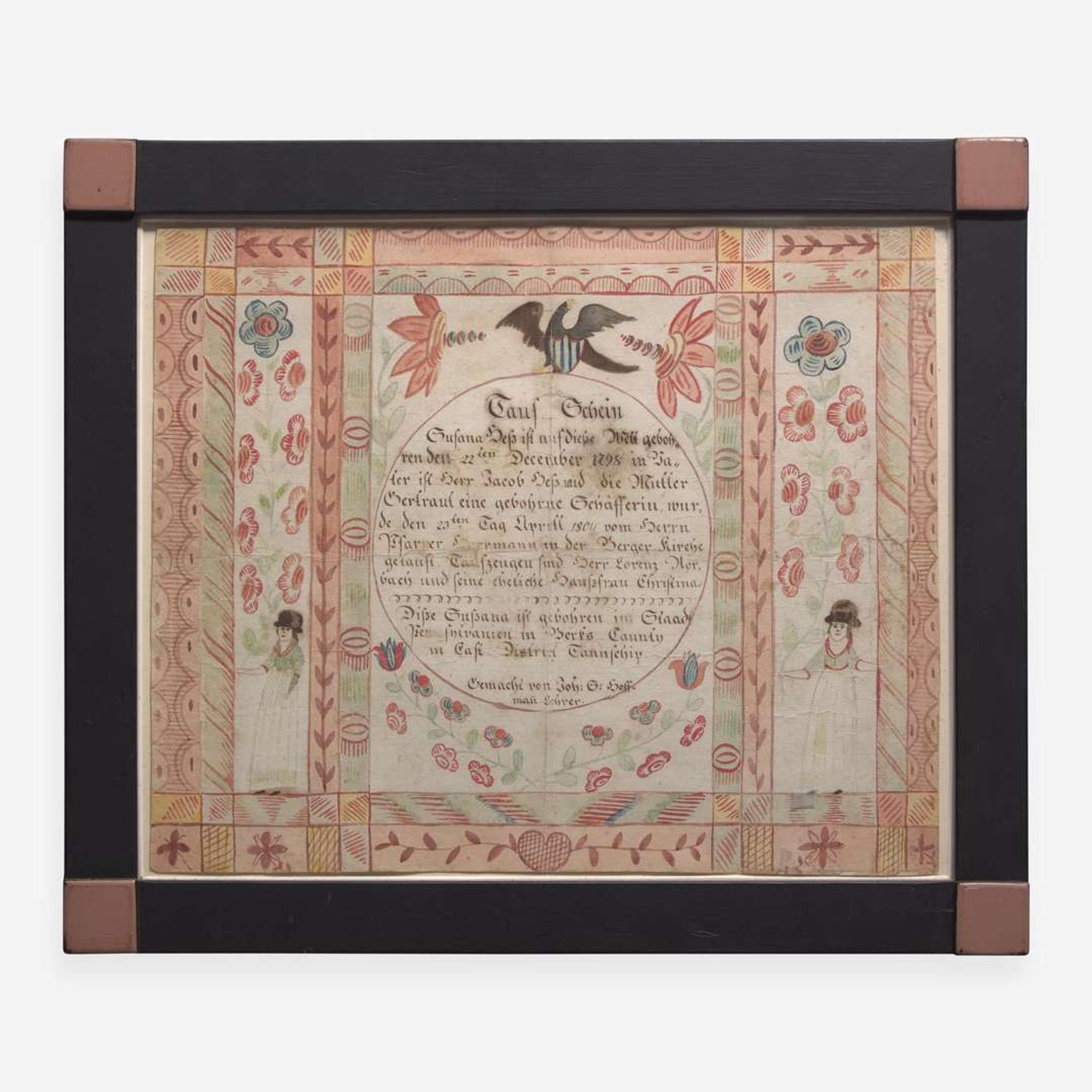 A Fraktur birth and baptism record for Susanna Getz of Berks County Johannes Hoffman, early 19th century
