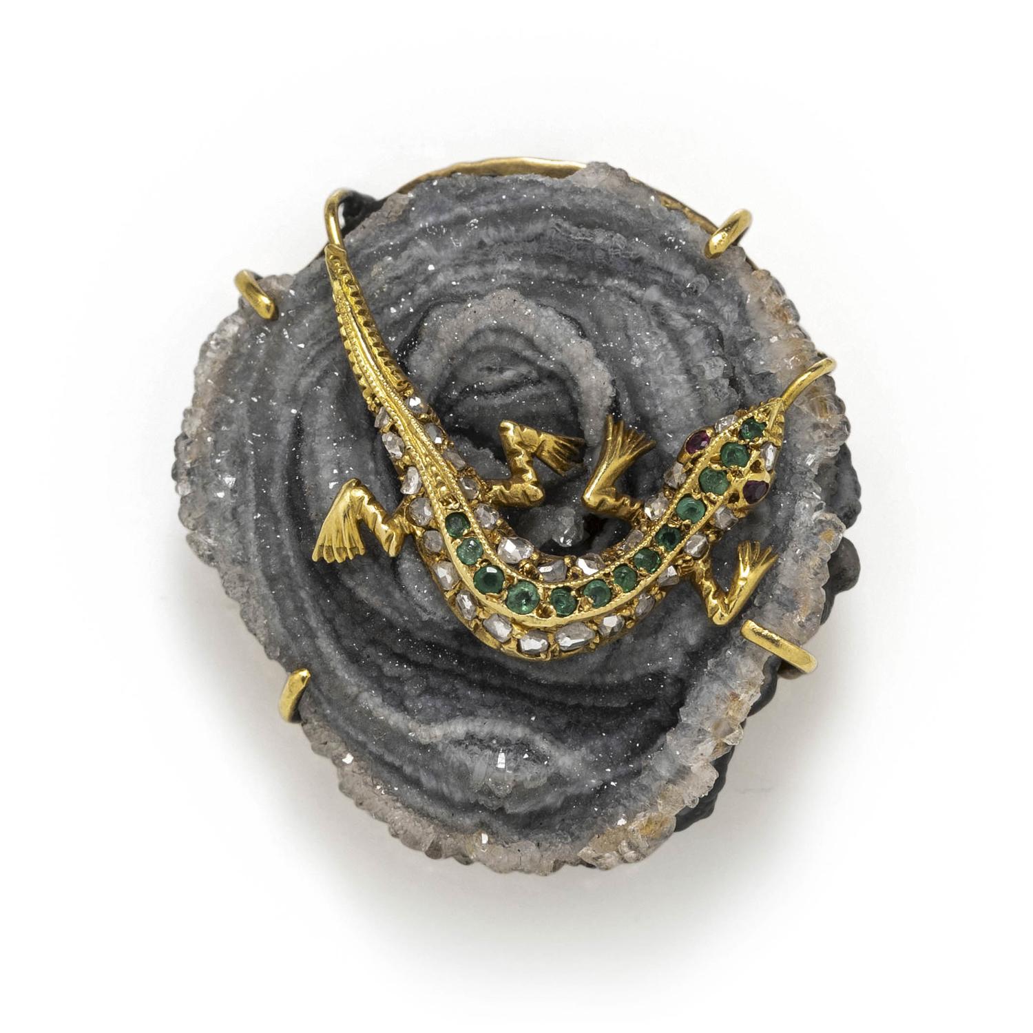 YELLOW GOLD, DRUZY AGATE AND MULTIGEM LIZARD BROOCH