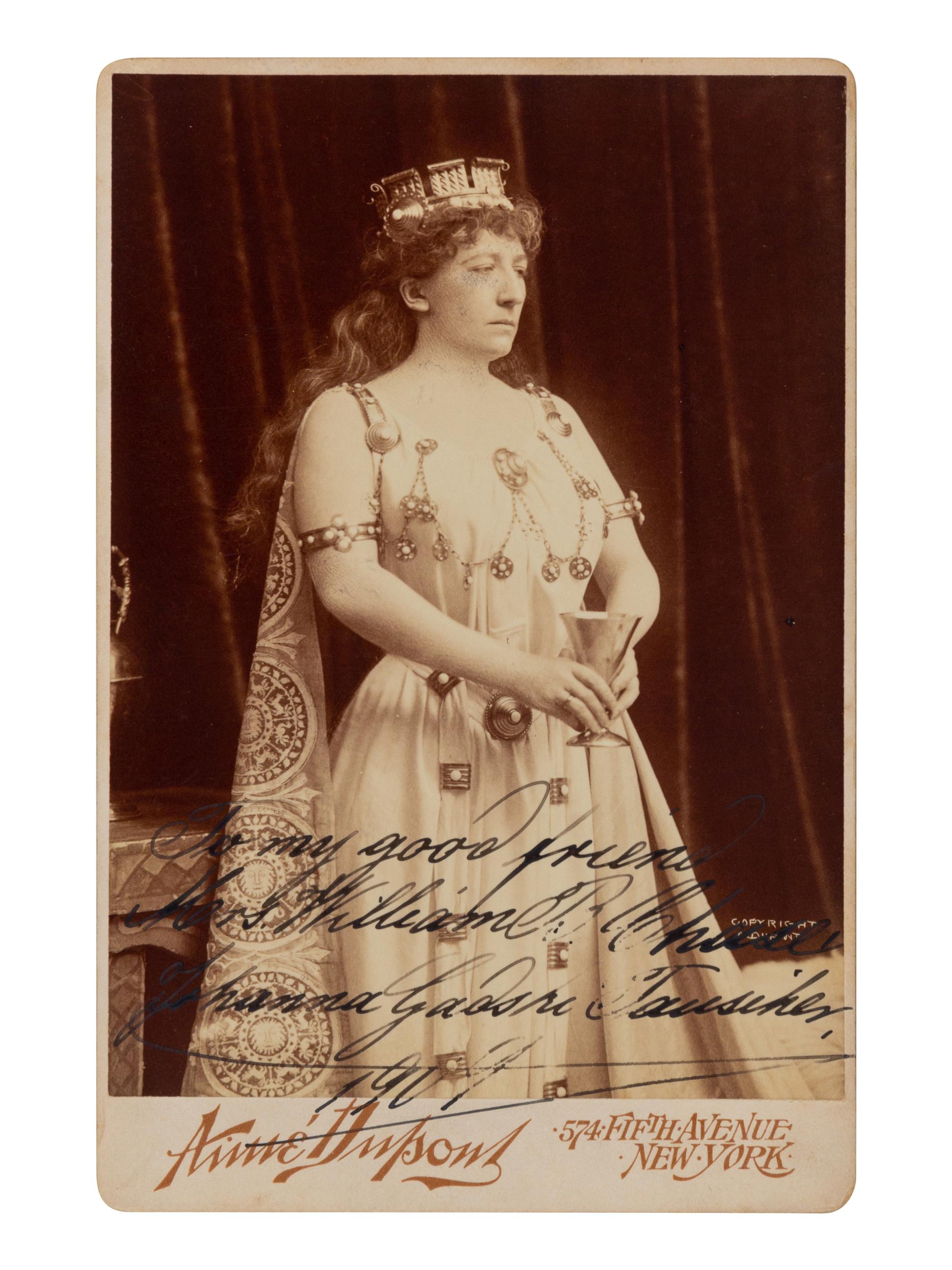 GADSKI, Johanna (1872-1932). Cabinet photograph signed and inscribed (“To my good friend Mrs. William B. Chase Johanna Gadski Tauscher 1909”), by Aimé Dupont.