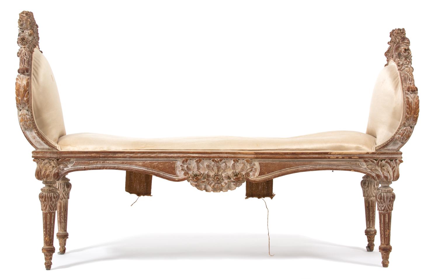 A Louis XVI Style Carved and Upholstered Window Seat Height 33 x width 49 1/2 x depth 19 inches. — 19TH CENTURY