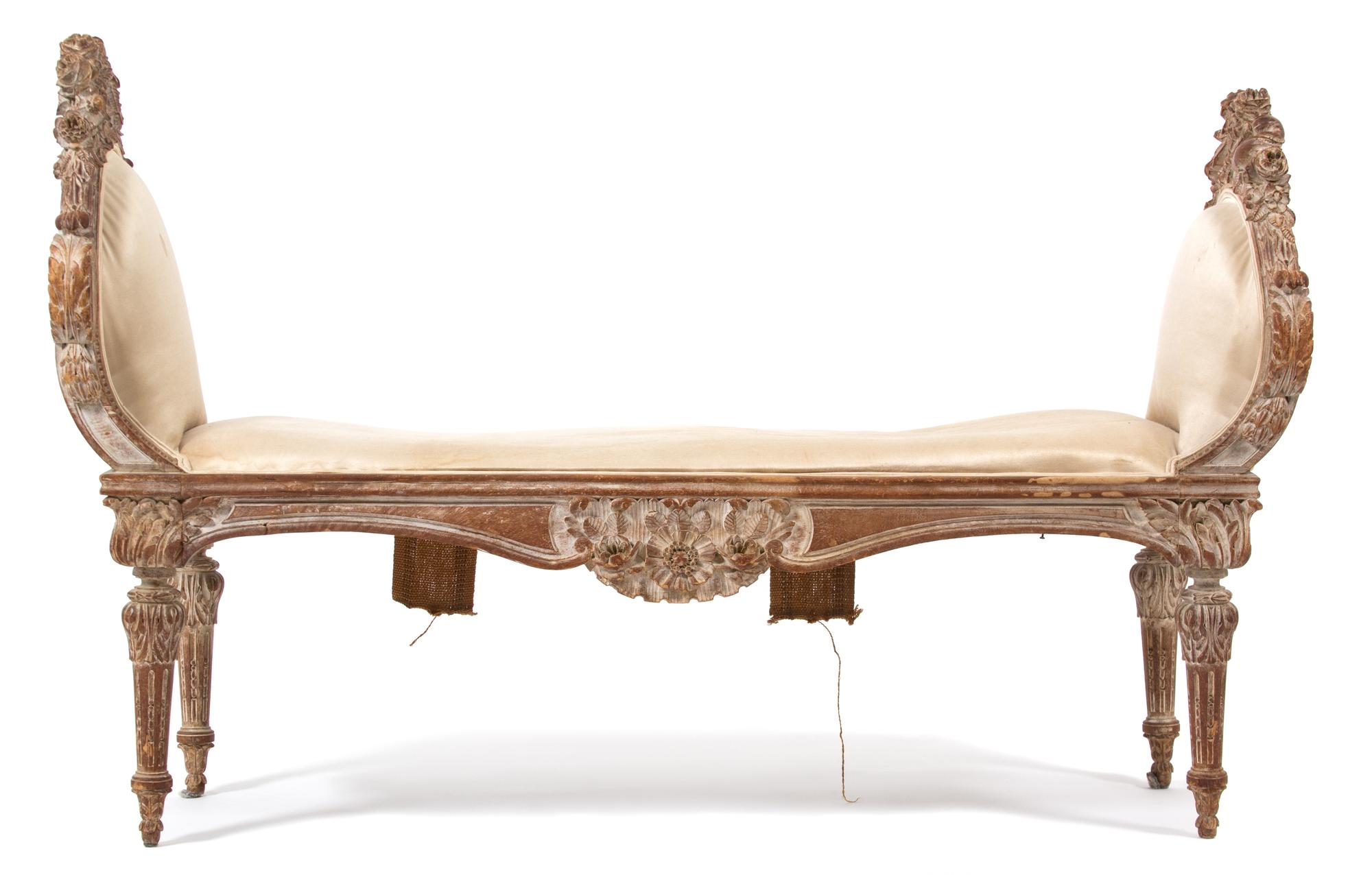 A Louis XVI Style Carved and Upholstered Window Seat Height 33 x width 49 1/2 x depth 19 inches. — 19TH CENTURY