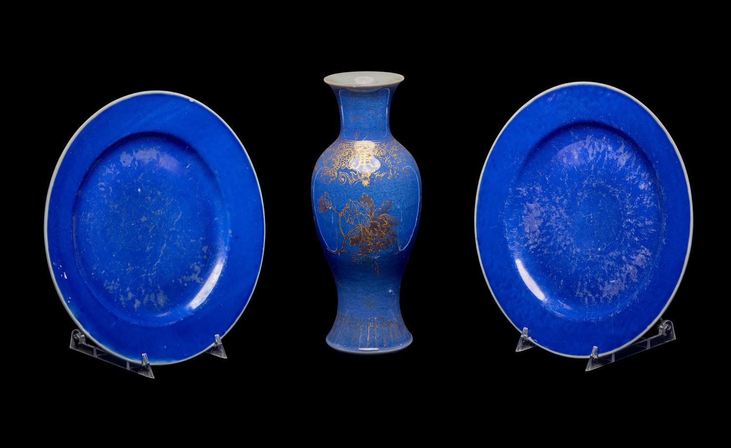Three Chinese Powder Blue Glazed Porcelain Articles