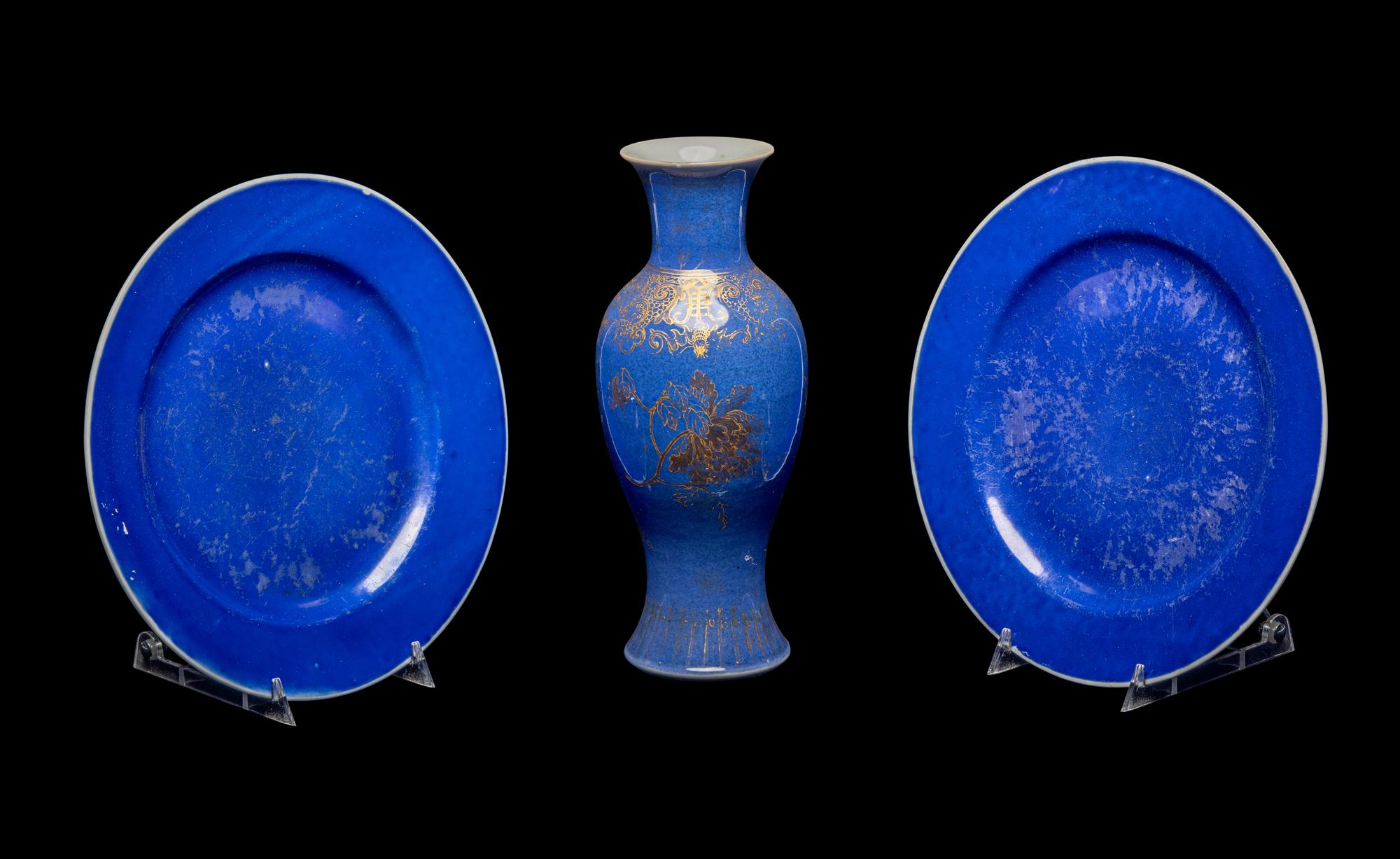 Three Chinese Powder Blue Glazed Porcelain Articles